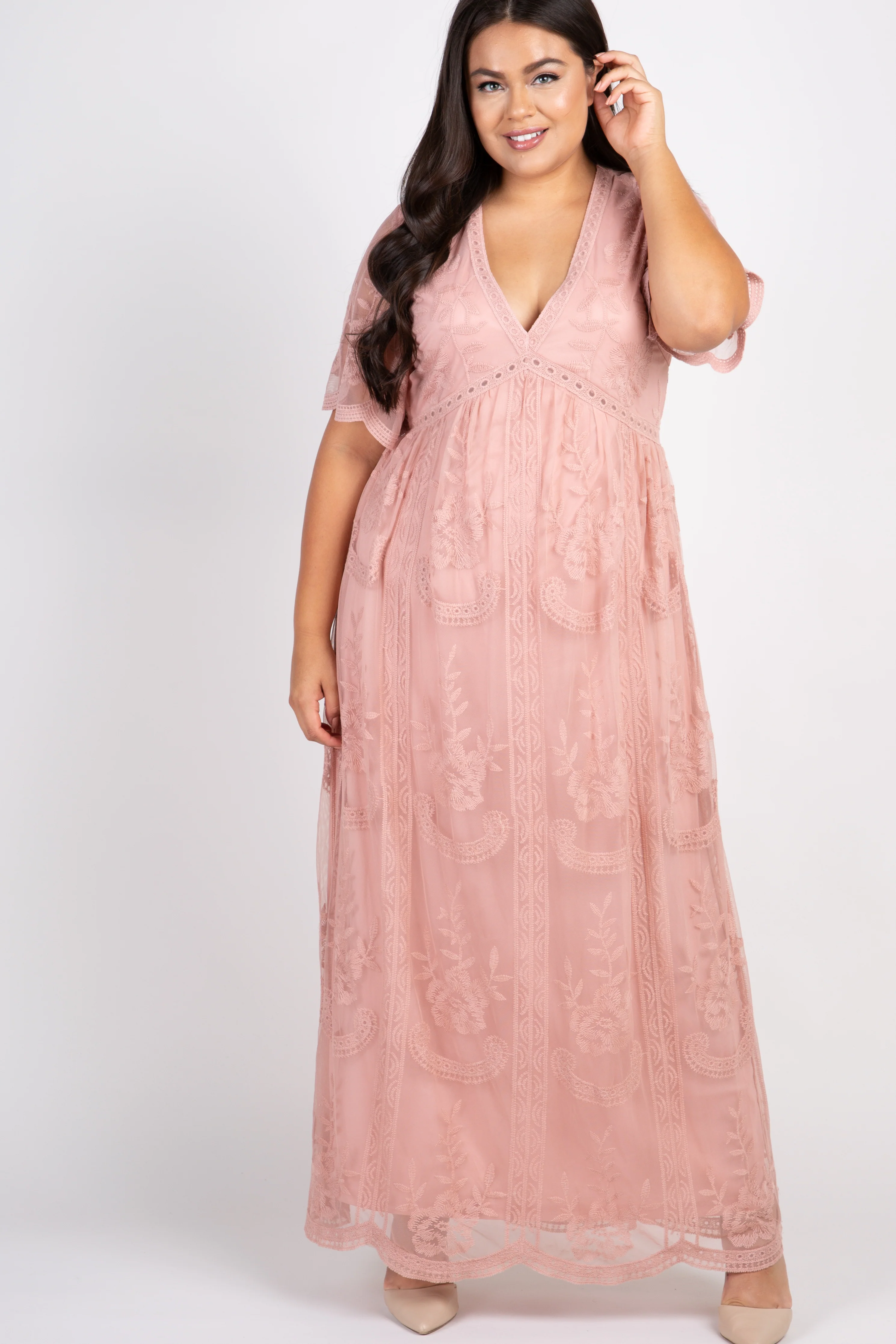 PinkBlush Light Pink Lace Mesh Overlay Plus Maternity Maxi Dress - Image 6