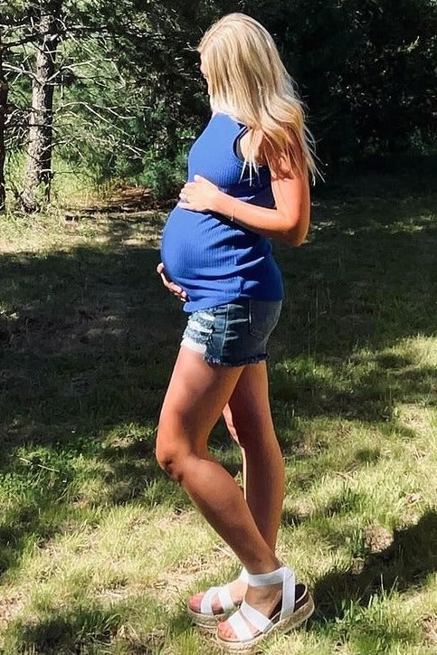 PinkBlush Navy Blue Distressed Maternity Denim Shorts - Image 6