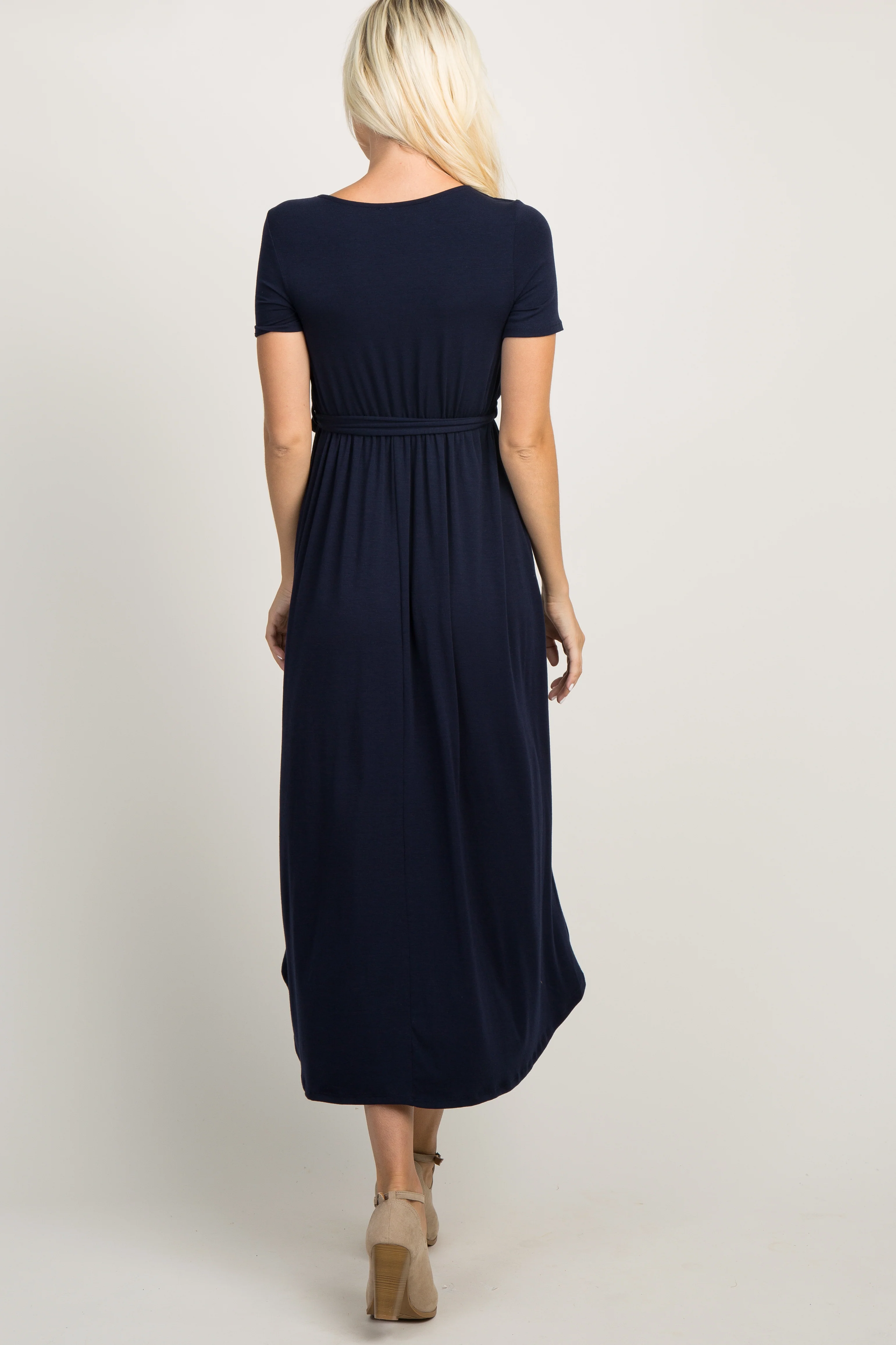 PinkBlush Navy Blue Solid Hi-Low Wrap Dress - Image 4