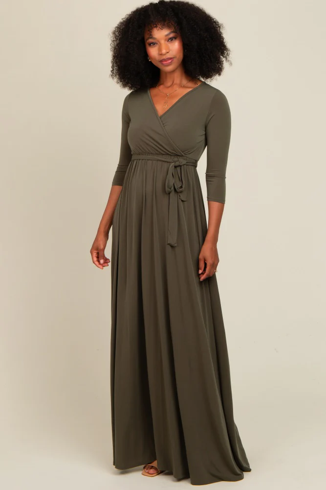 PinkBlush Olive Green Draped 3/4 Sleeve Maternity Maxi Dress - Image 4