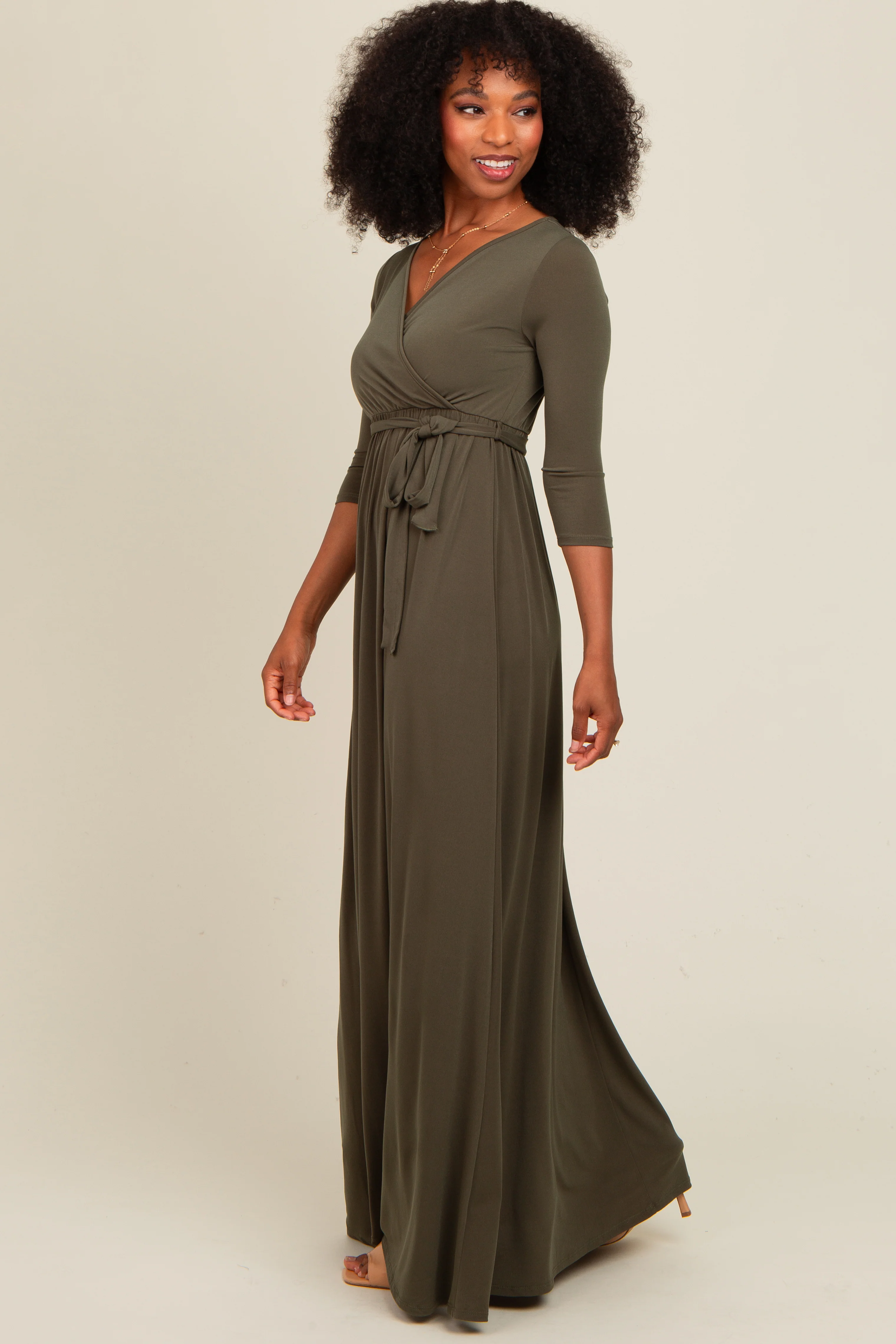PinkBlush Olive Green Draped 3/4 Sleeve Maxi Dress - Image 3