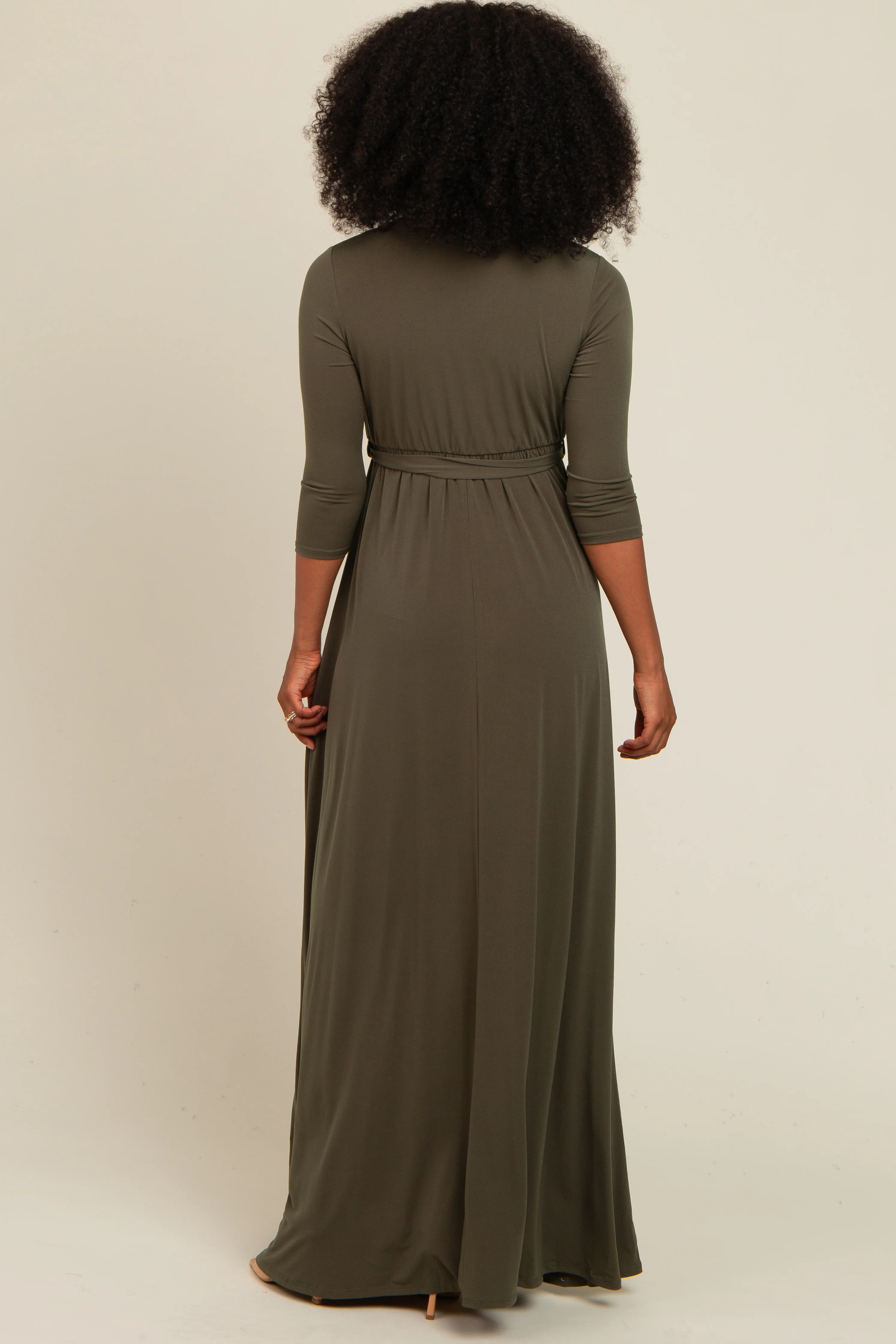PinkBlush Olive Green Draped 3/4 Sleeve Maxi Dress - Image 4
