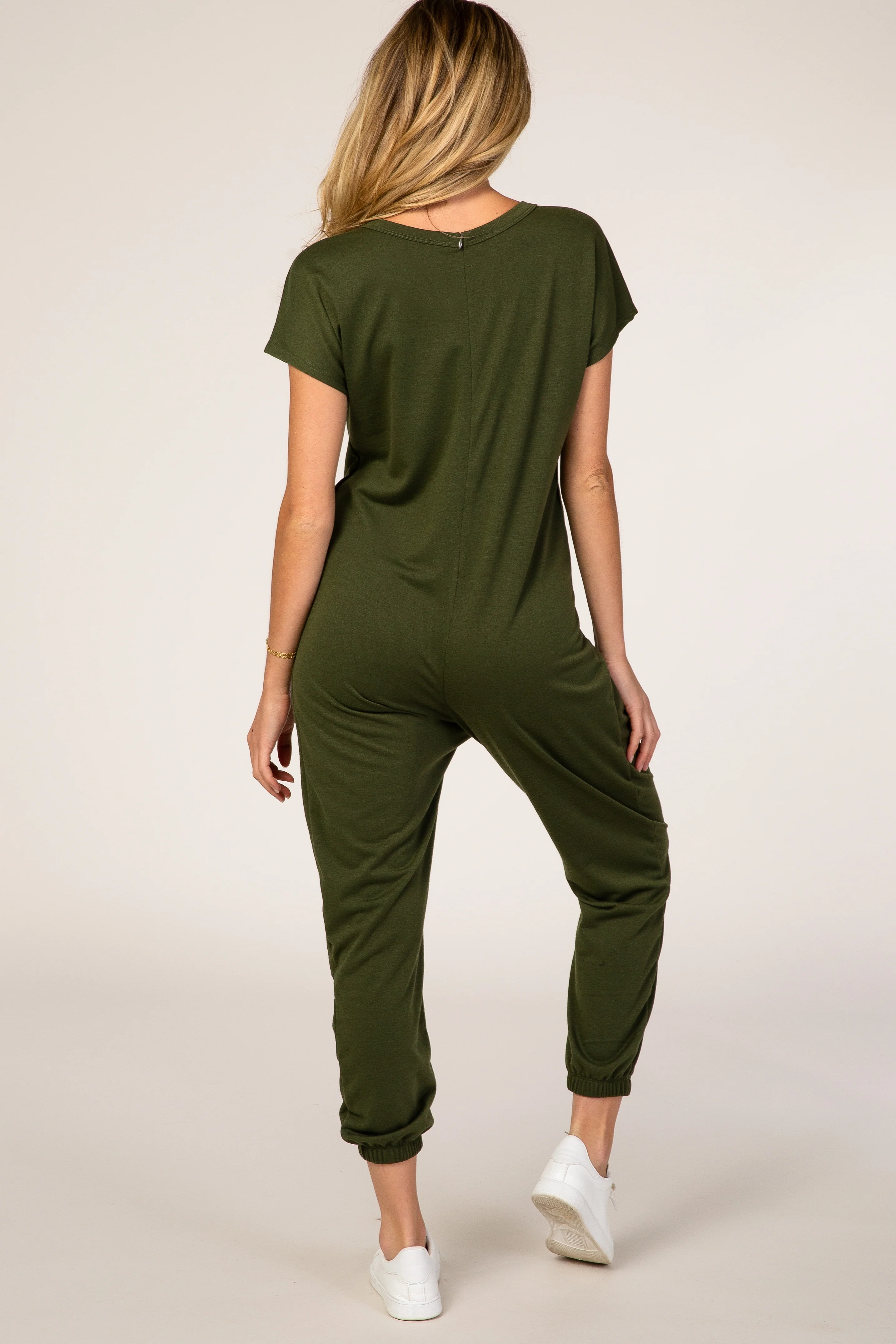 PinkBlush Olive Green Short Sleeve Maternity Jumpsuit - Image 3