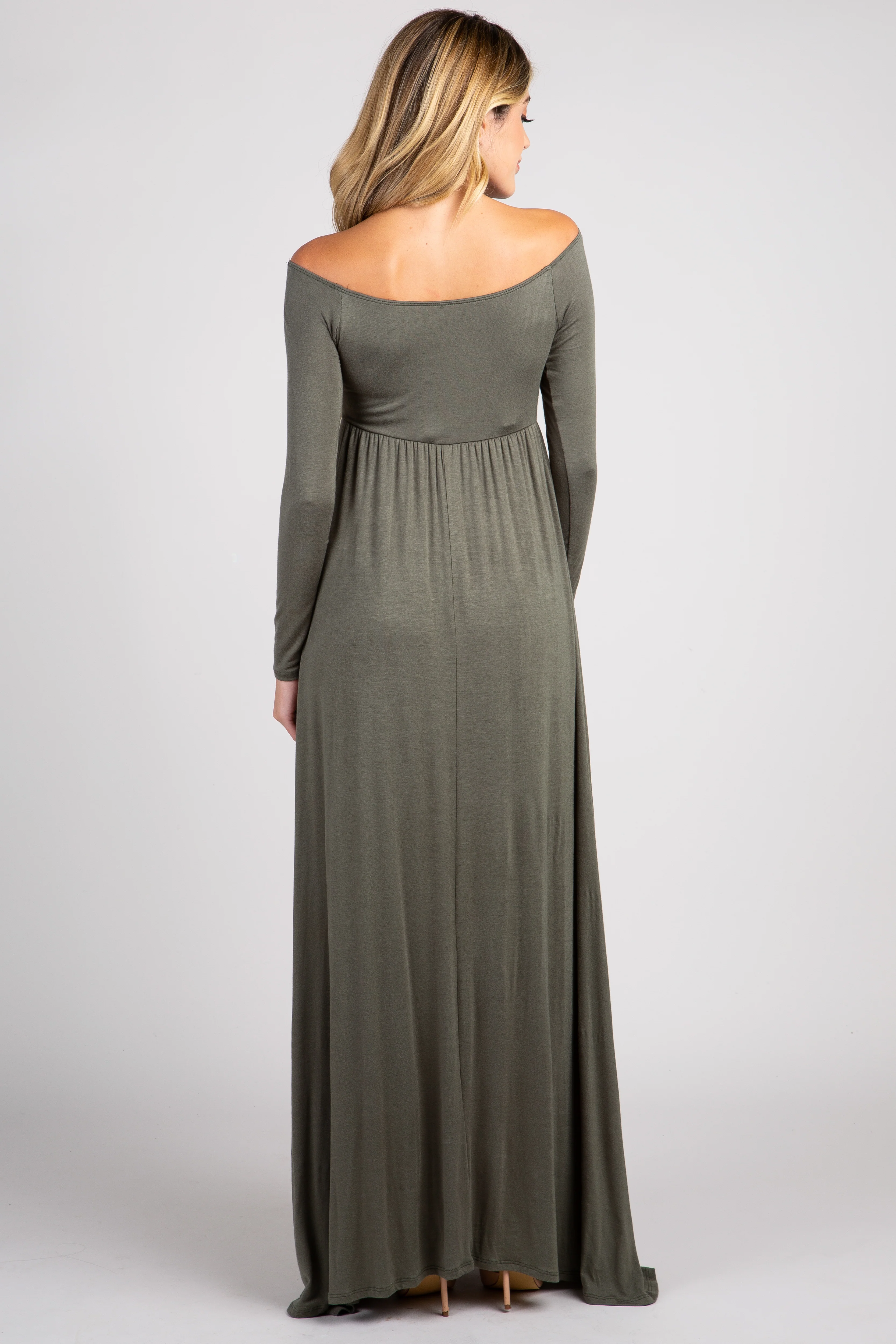 PinkBlush Olive Solid Off Shoulder Maternity Maxi Dress - Image 5