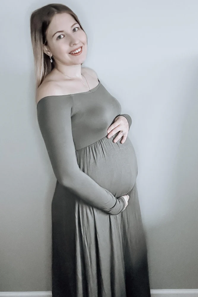 PinkBlush Petite Olive Solid Off Shoulder Maternity Maxi Dress - Image 7