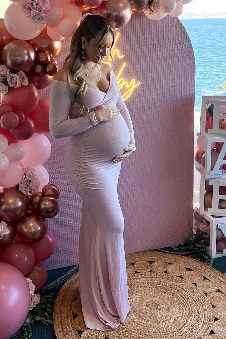 PinkBlush Pink Metallic Off Shoulder Long Sleeve Wrap Maternity Photoshoot Gown/Dress - Image 6