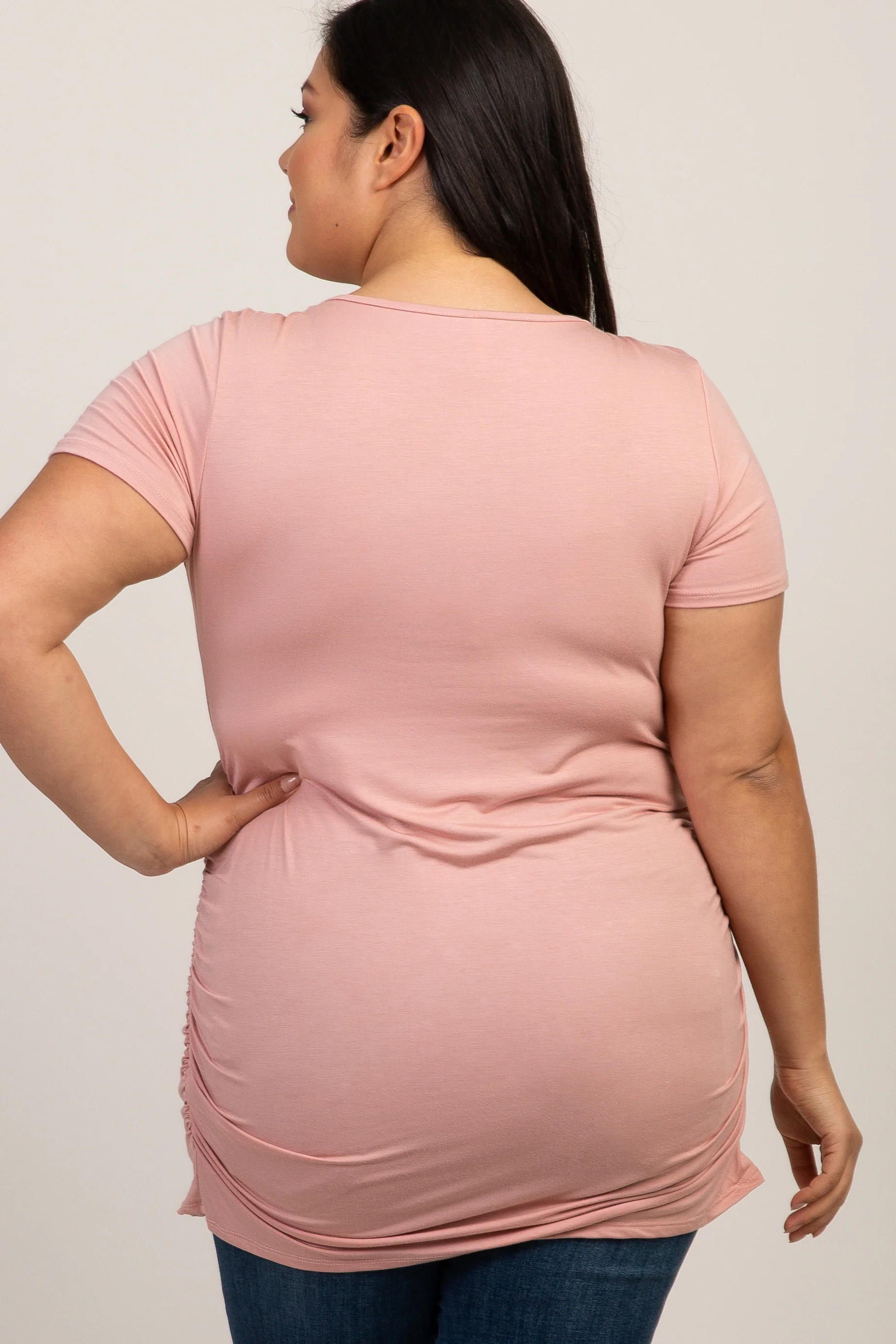 PinkBlush Pink Ruched Short Sleeve Plus Maternity Top - Image 3