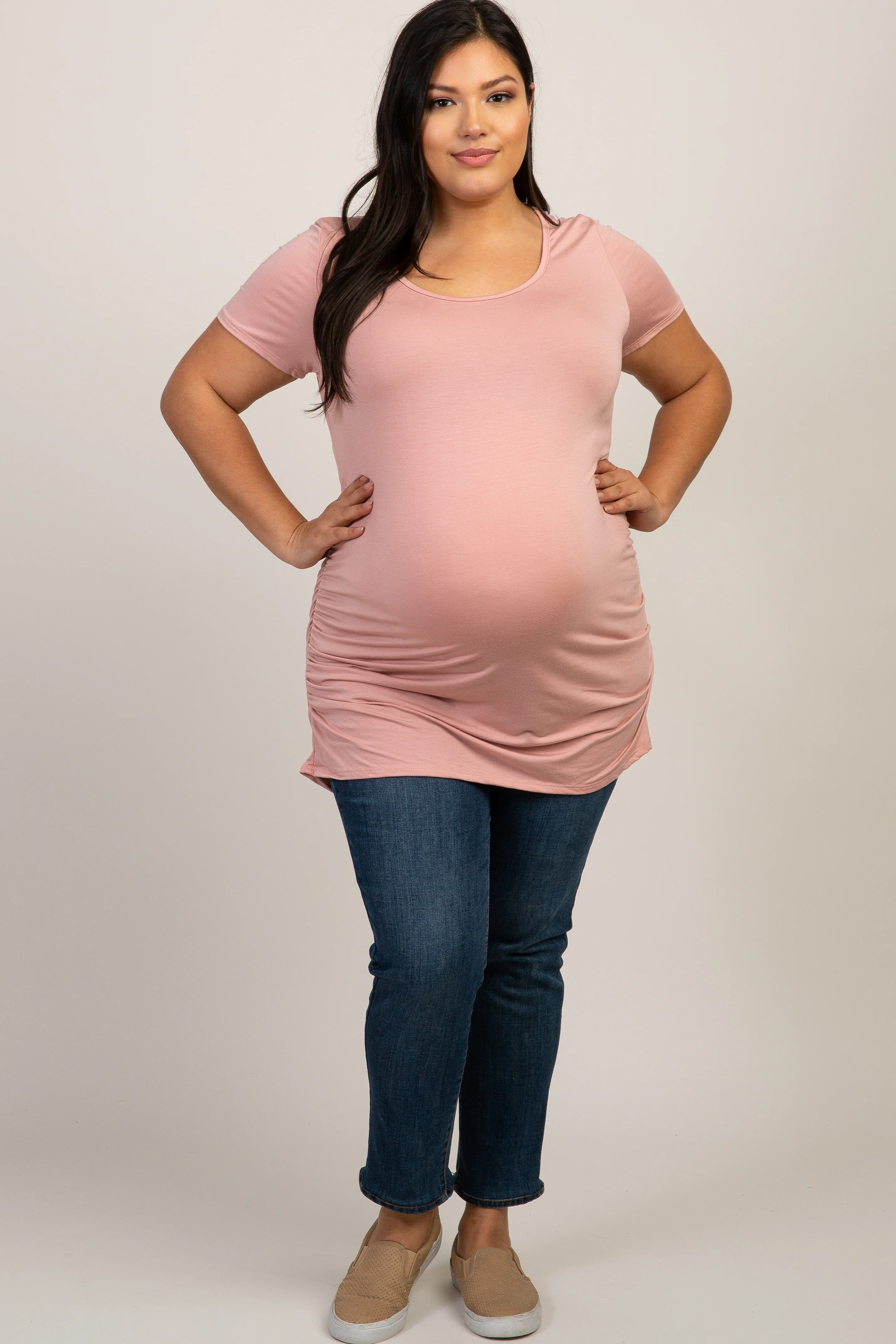 PinkBlush Pink Ruched Short Sleeve Plus Maternity Top - Image 4