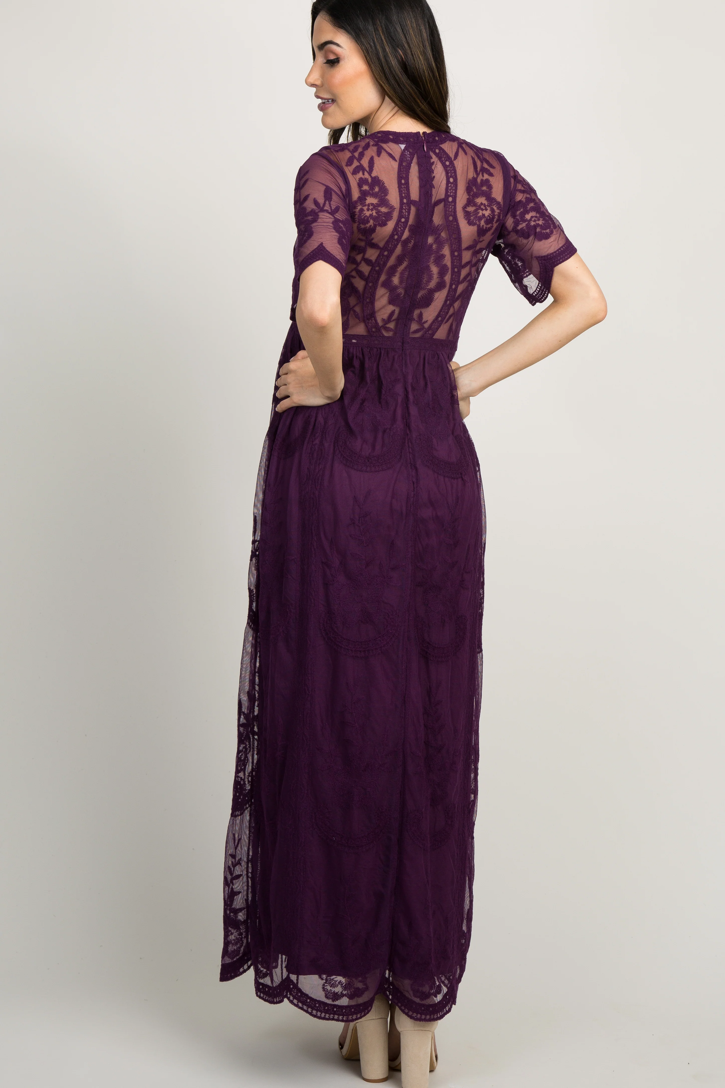 PinkBlush Plum Lace Mesh Overlay Maternity Maxi Dress - Image 5