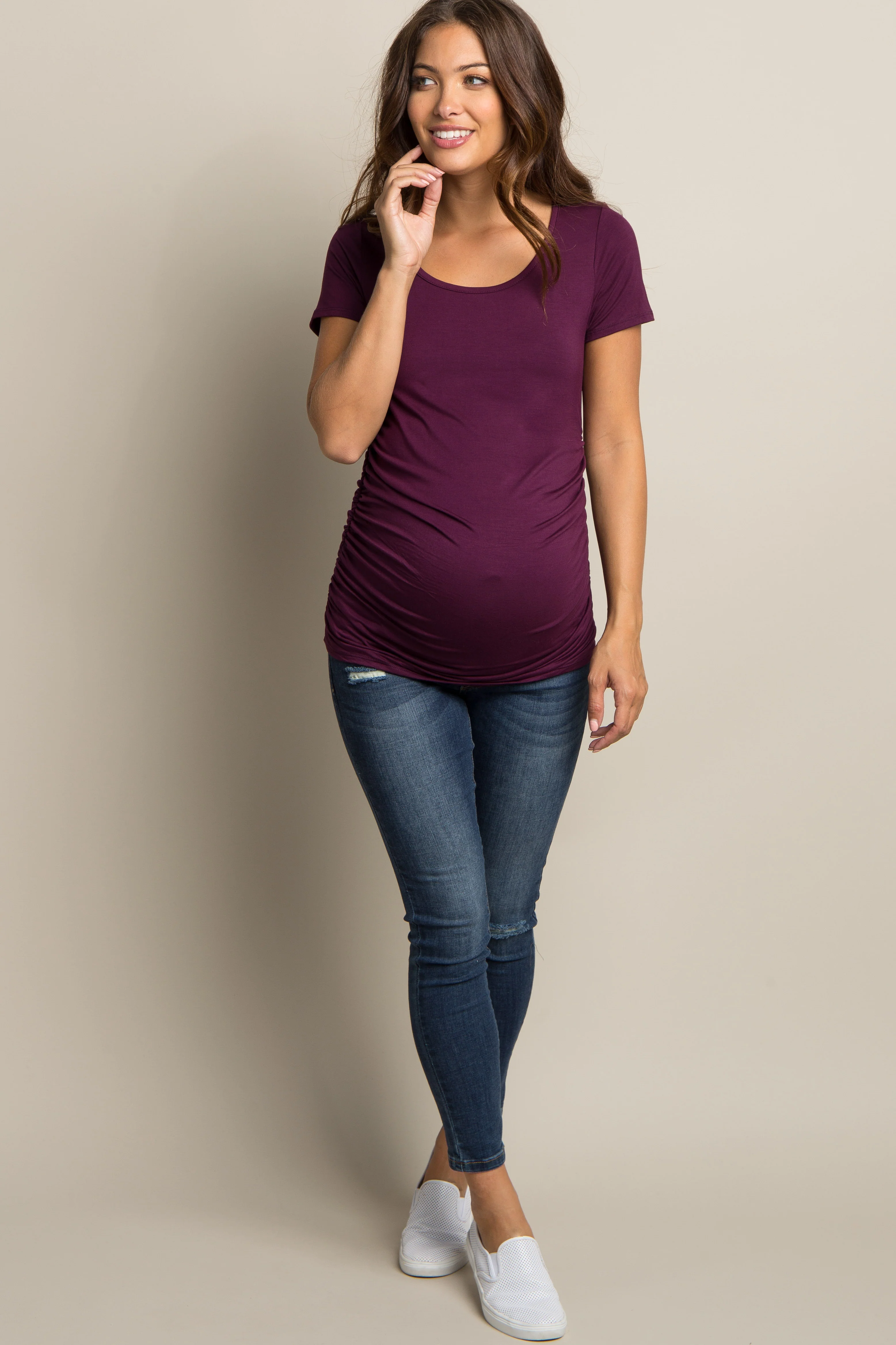 PinkBlush Purple Ruched Short Sleeve Maternity Top - Image 4