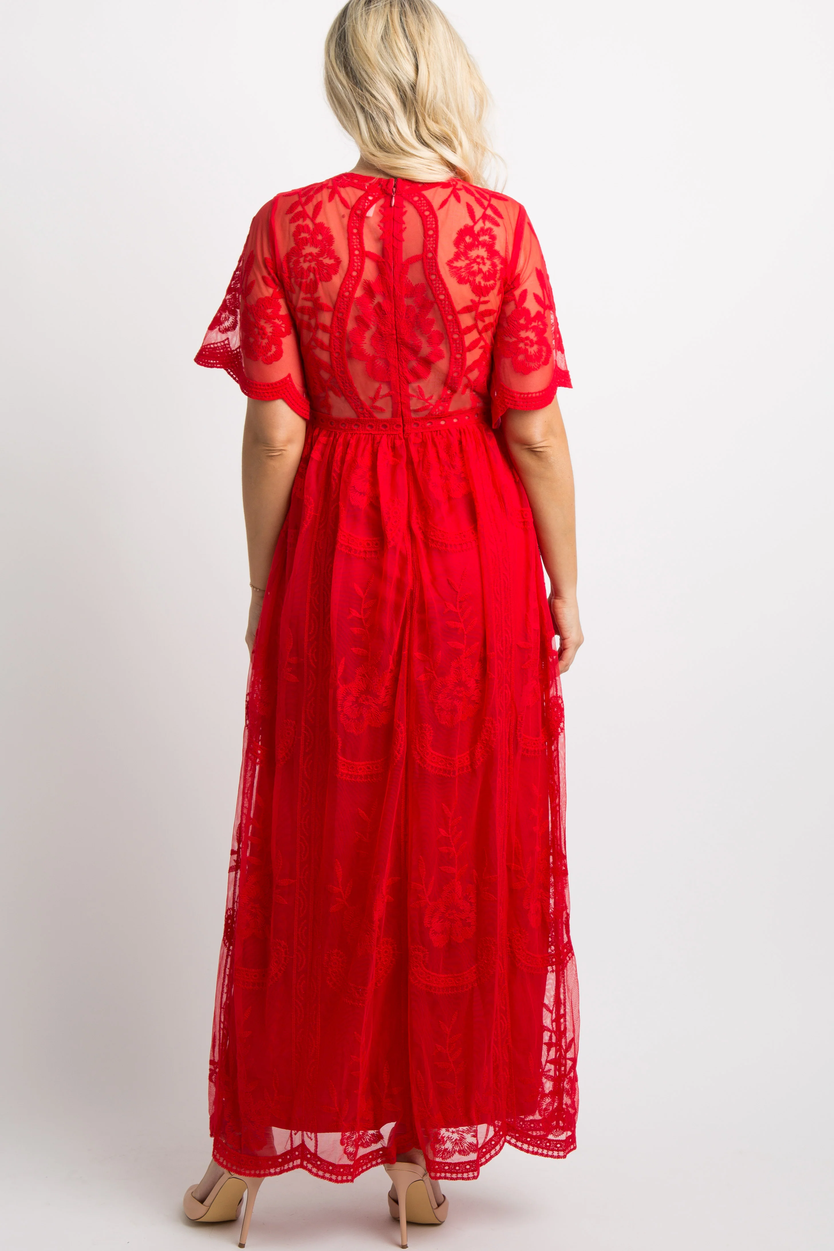 PinkBlush Red Lace Mesh Overlay Maternity Maxi Dress - Image 3