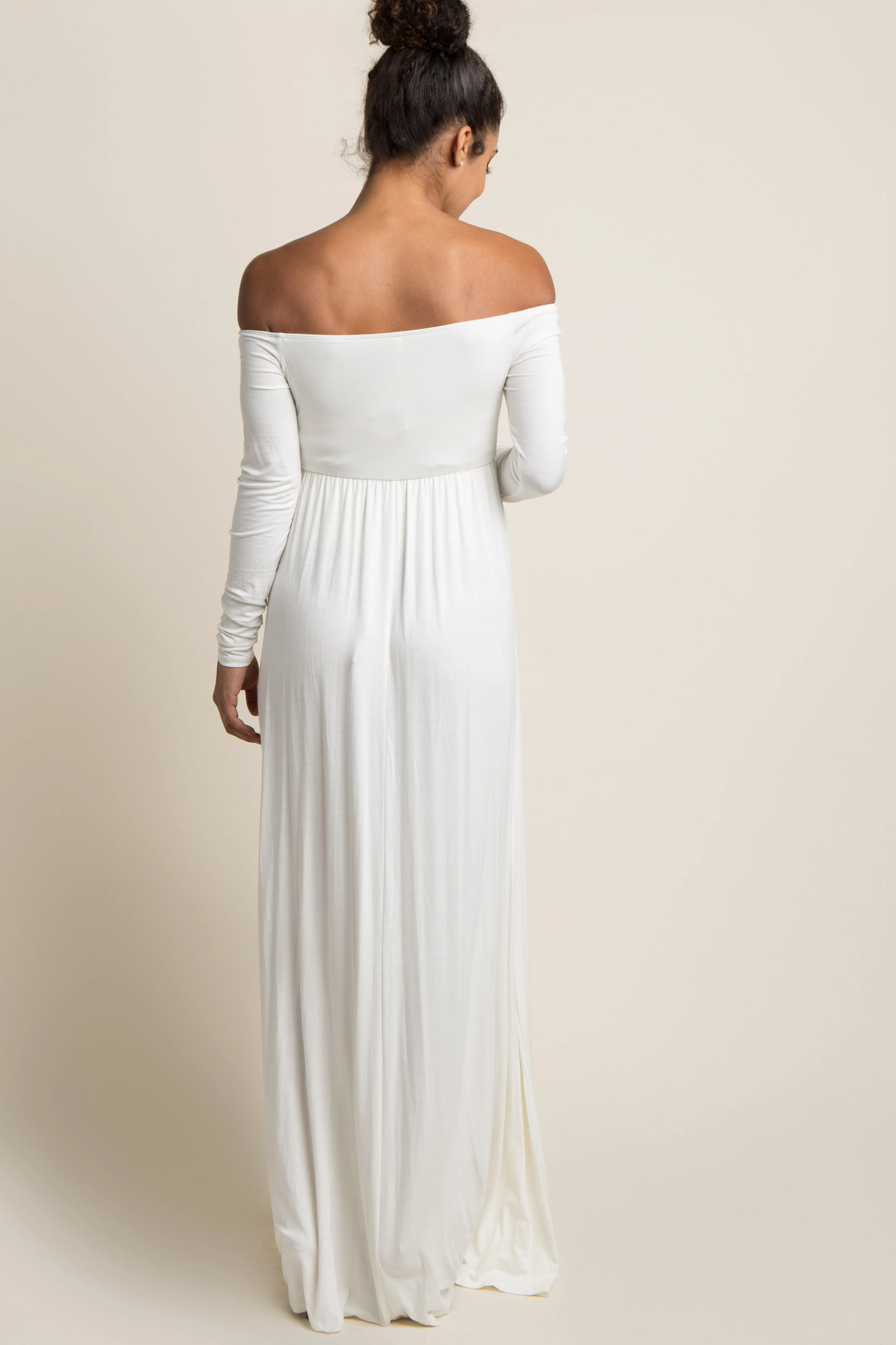 PinkBlush Tall Ivory Solid Off Shoulder Maternity Maxi Dress - Image 4