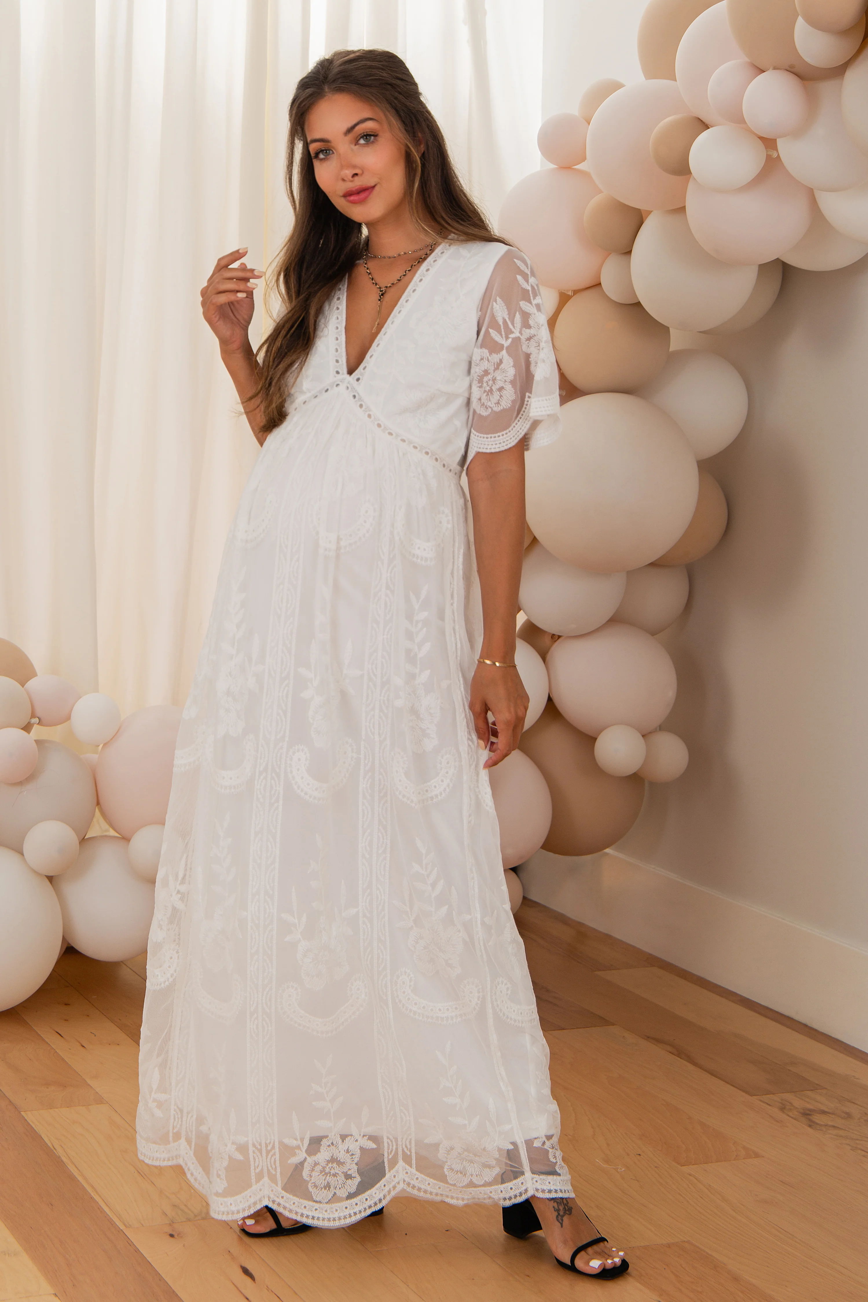 PinkBlush White Lace Mesh Overlay Maternity Maxi Dress - Image 7