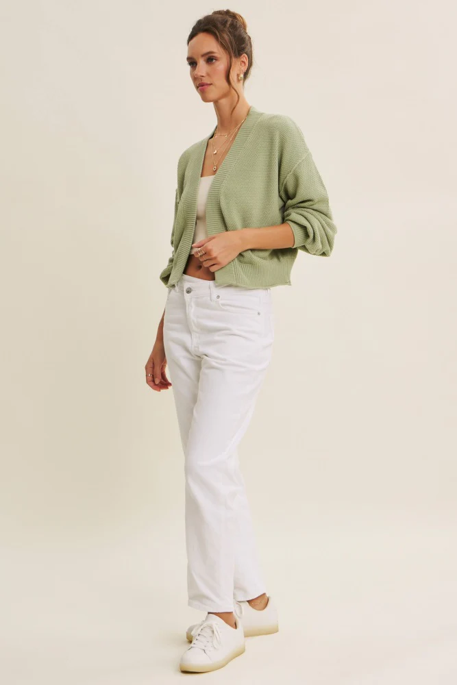 Pistachio Waffle Knit Balloon Sleeve Cardigan - Image 5