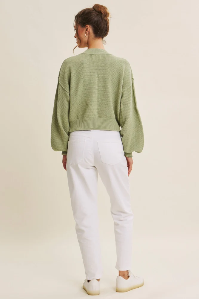 Pistachio Waffle Knit Balloon Sleeve Cardigan - Image 6