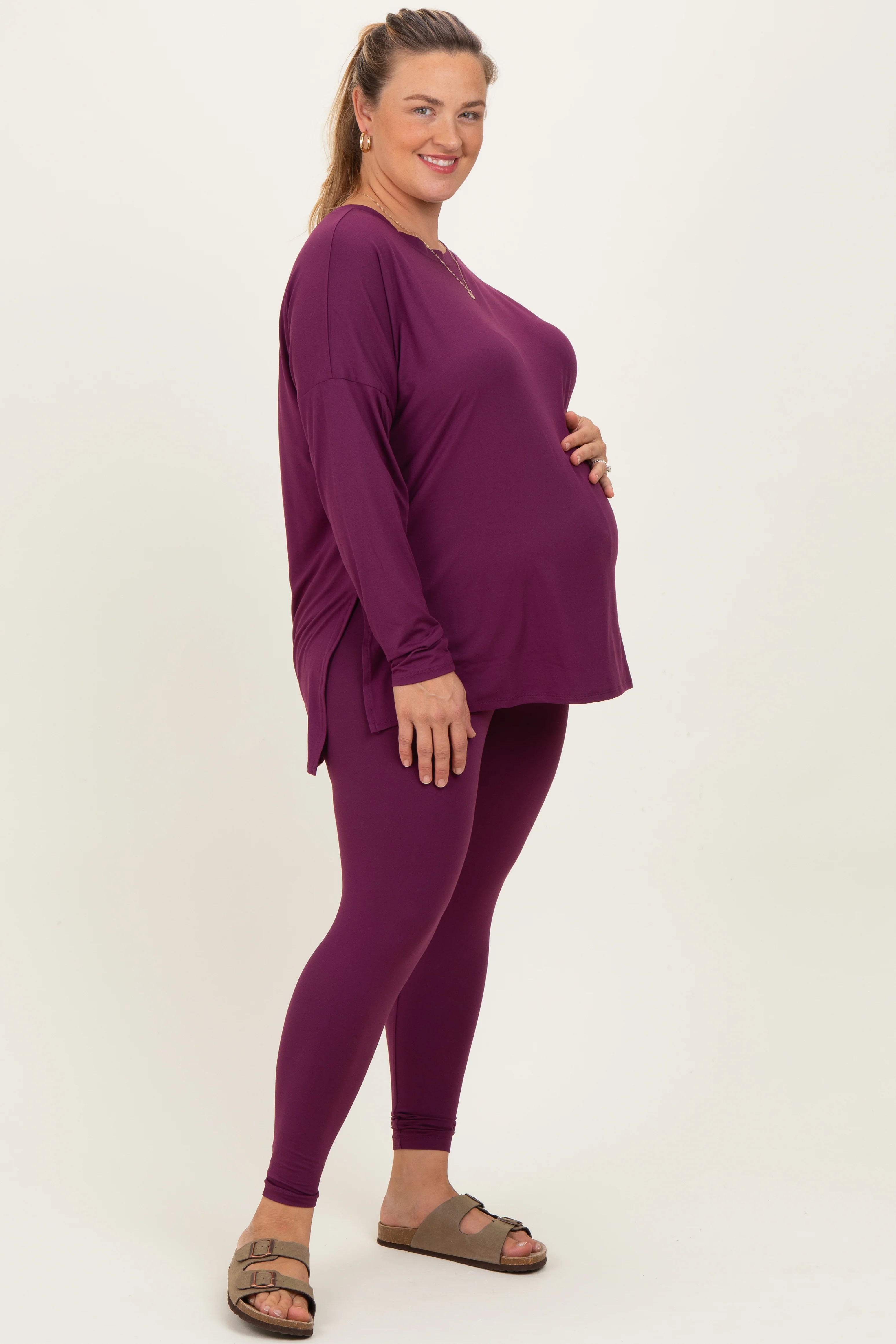 Plum Brushed Knit Oversized Top and Legging Maternity Plus Set - Image 3