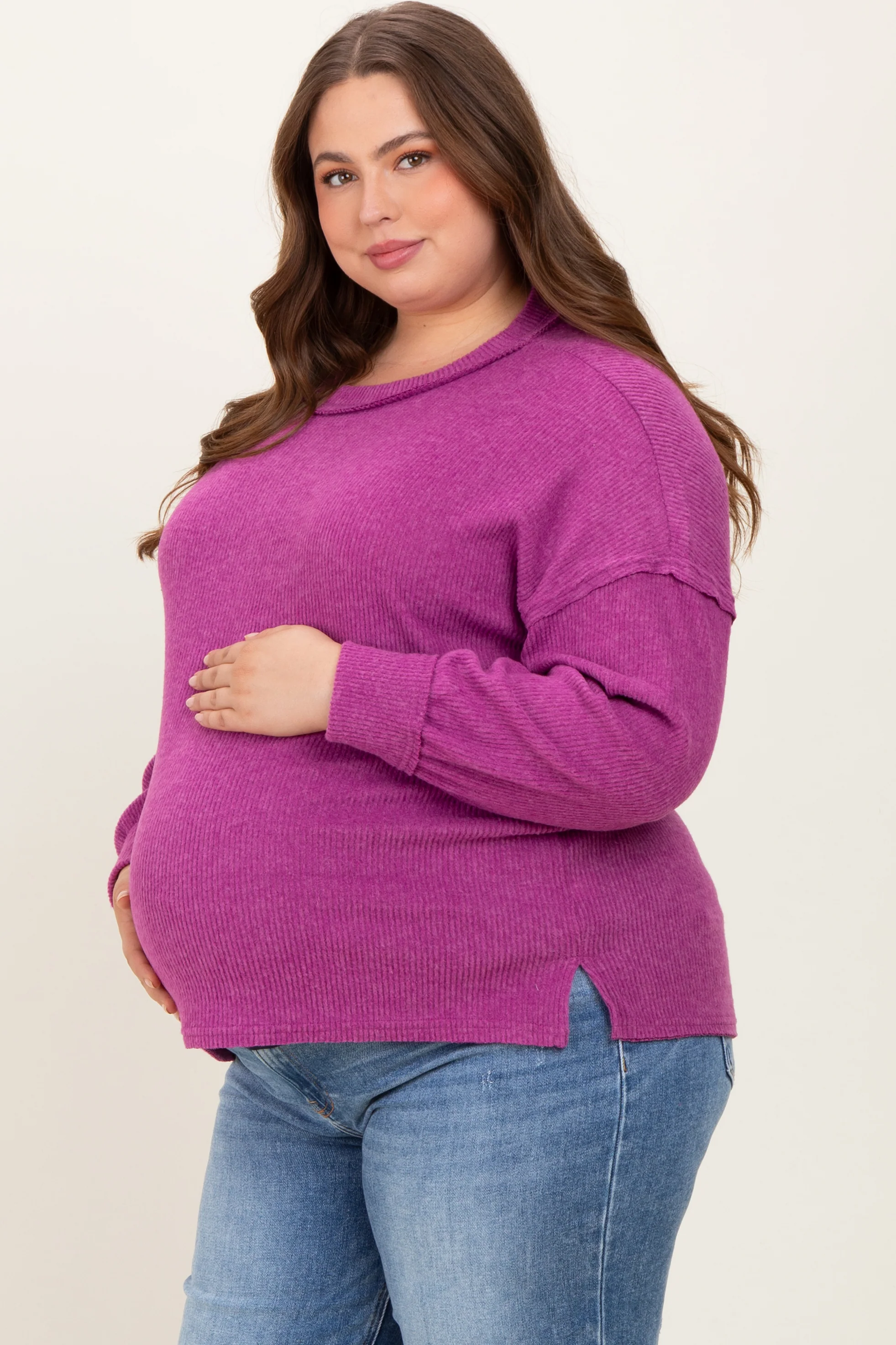 Plum Brushed Ribbed Knit Maternity Plus Pullover - Image 3
