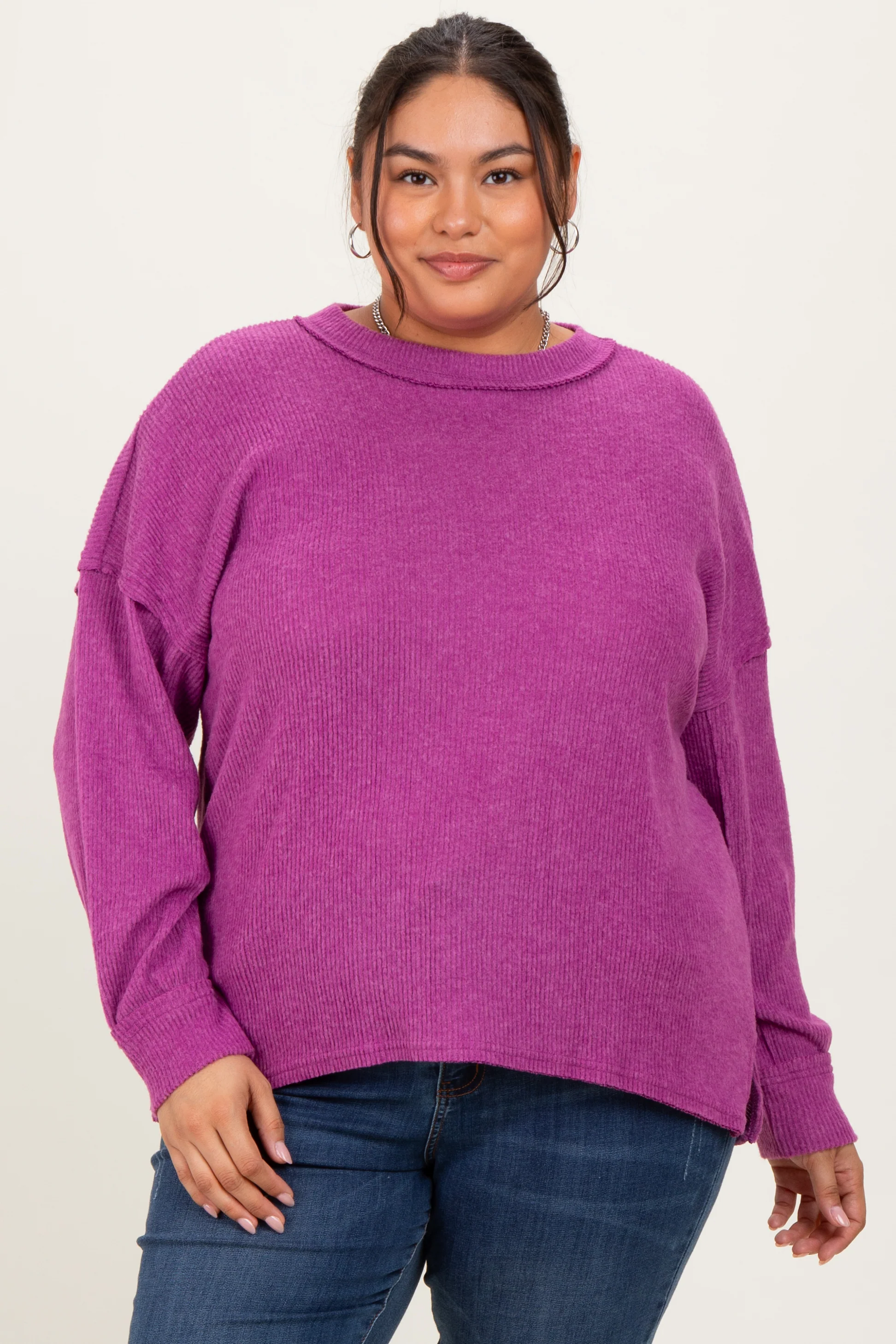 Plum Brushed Ribbed Knit Maternity Plus Pullover - Image 5