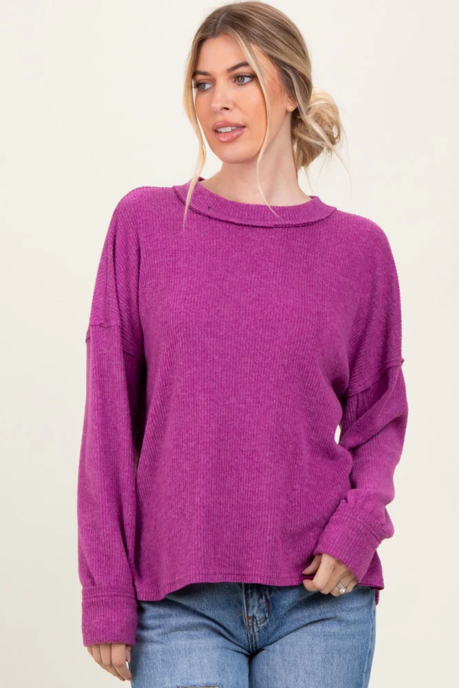 Plum Brushed Ribbed Knit Maternity Pullover - Image 5