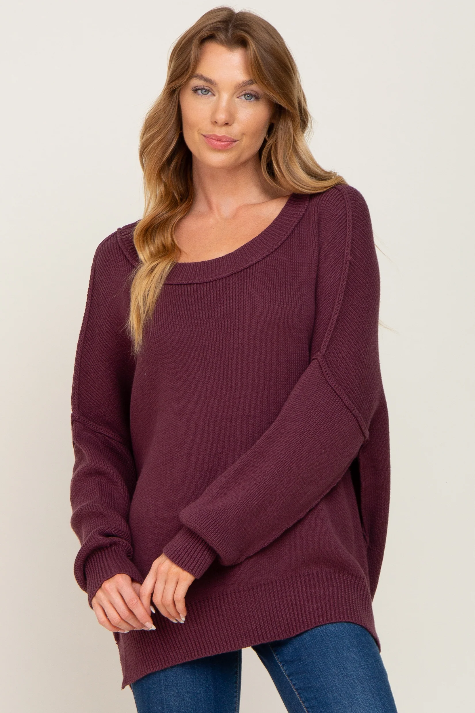 Plum Exposed Seam Side Slit Maternity Sweater - Image 6