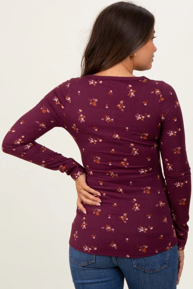 Plum Floral Henley Long Sleeve Maternity Top - Image 4