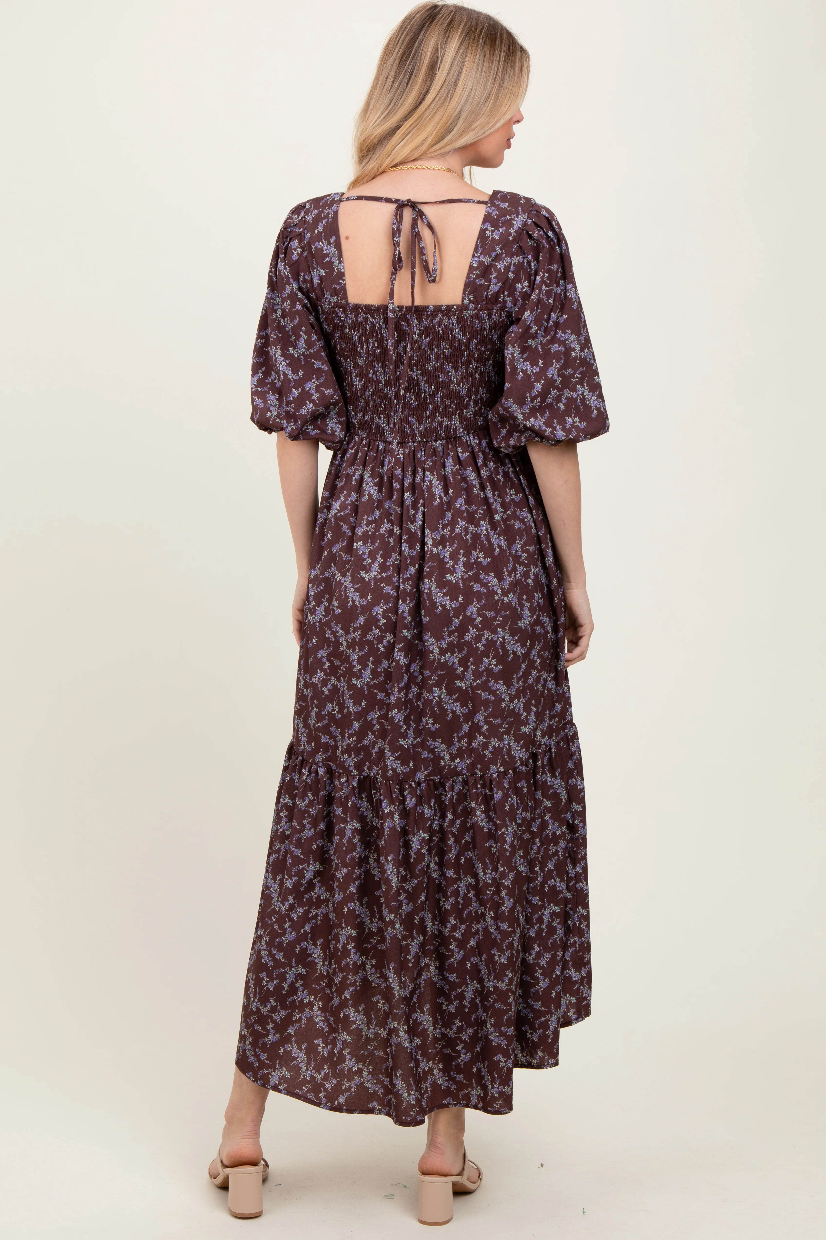 Plum Floral Smocked Hi-Low Puff Sleeve Maxi Dress - Image 4
