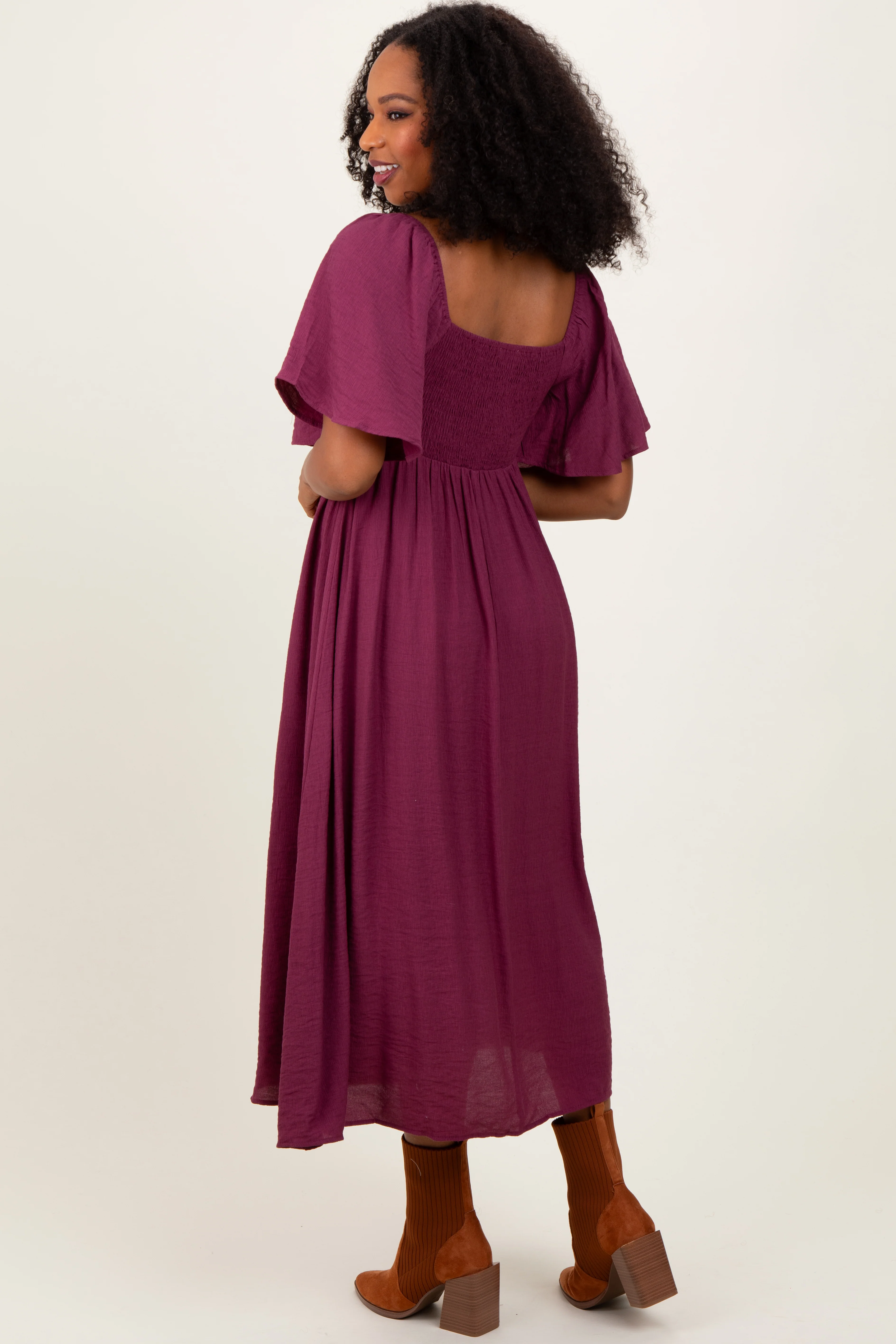 Plum Front Tie Ruffle Sleeve Midi Dress - Image 4