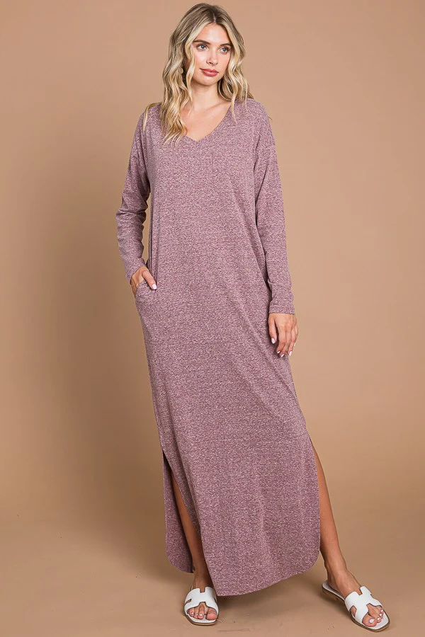 Plum Heathered Pocketed Long Sleeve Maternity Maxi Dress - Image 6