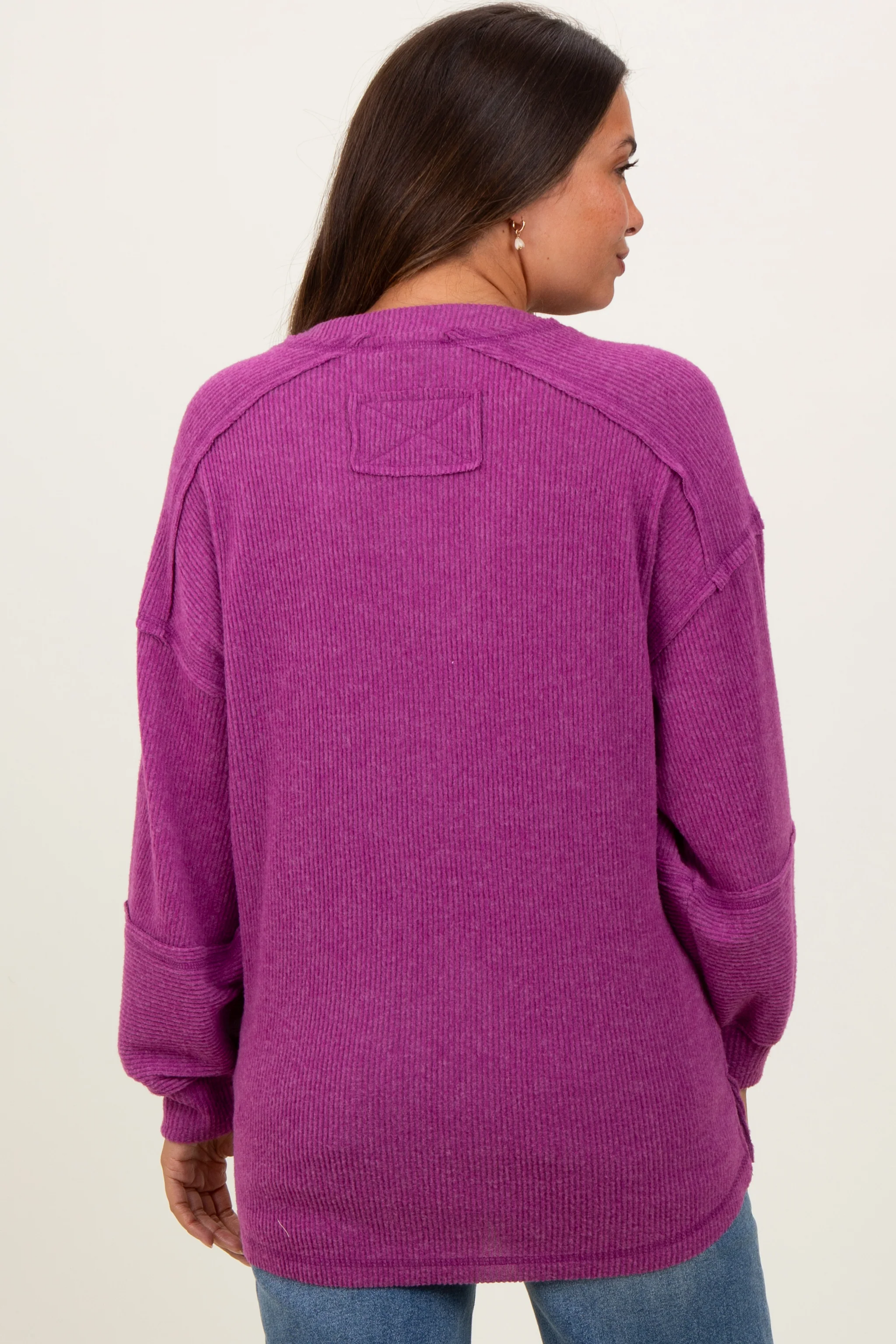 Plum Oversized Ribbed Knit Henley Maternity Sweater - Image 4