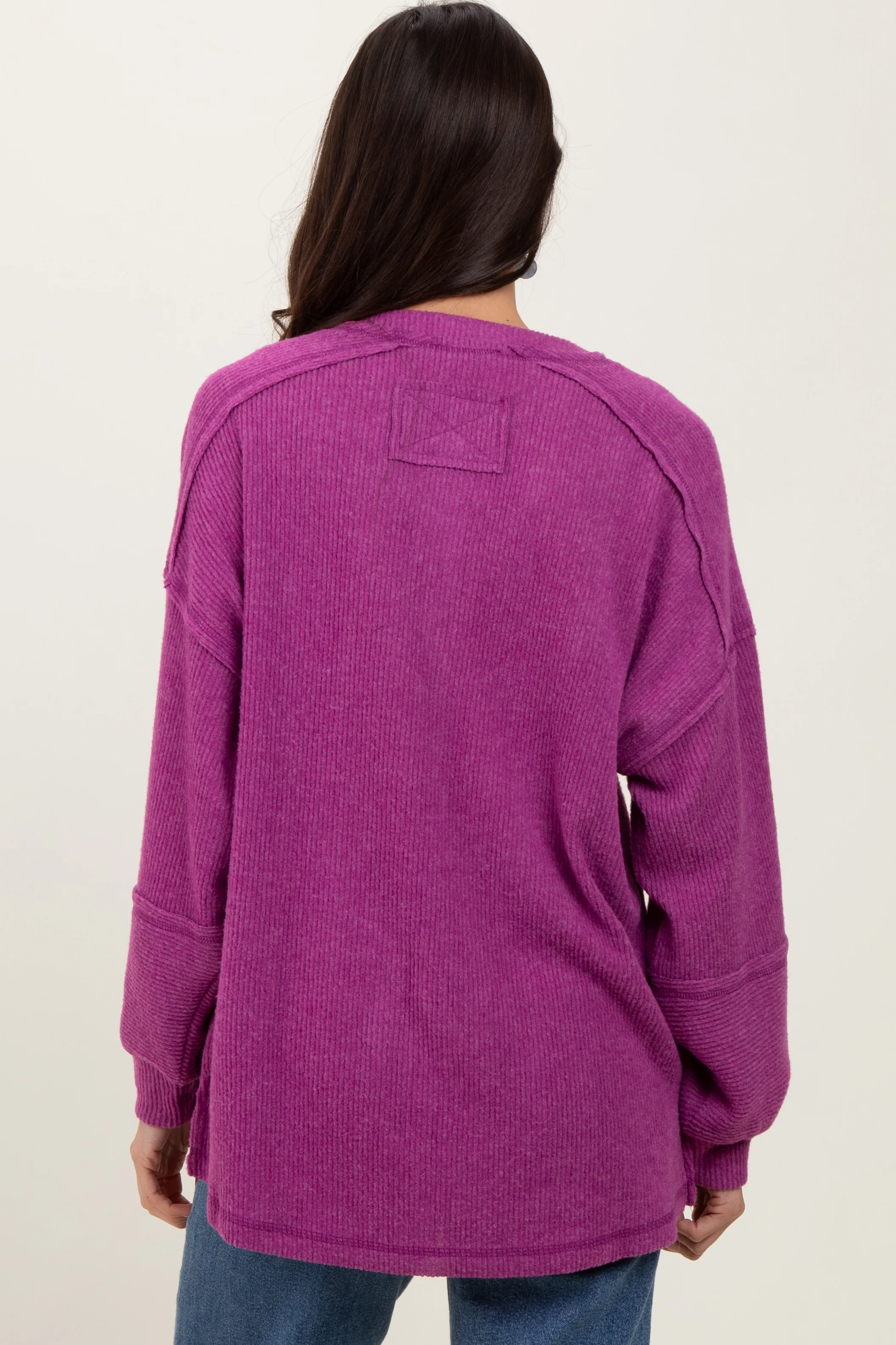 Plum Oversized Ribbed Knit Henley Sweater - Image 4