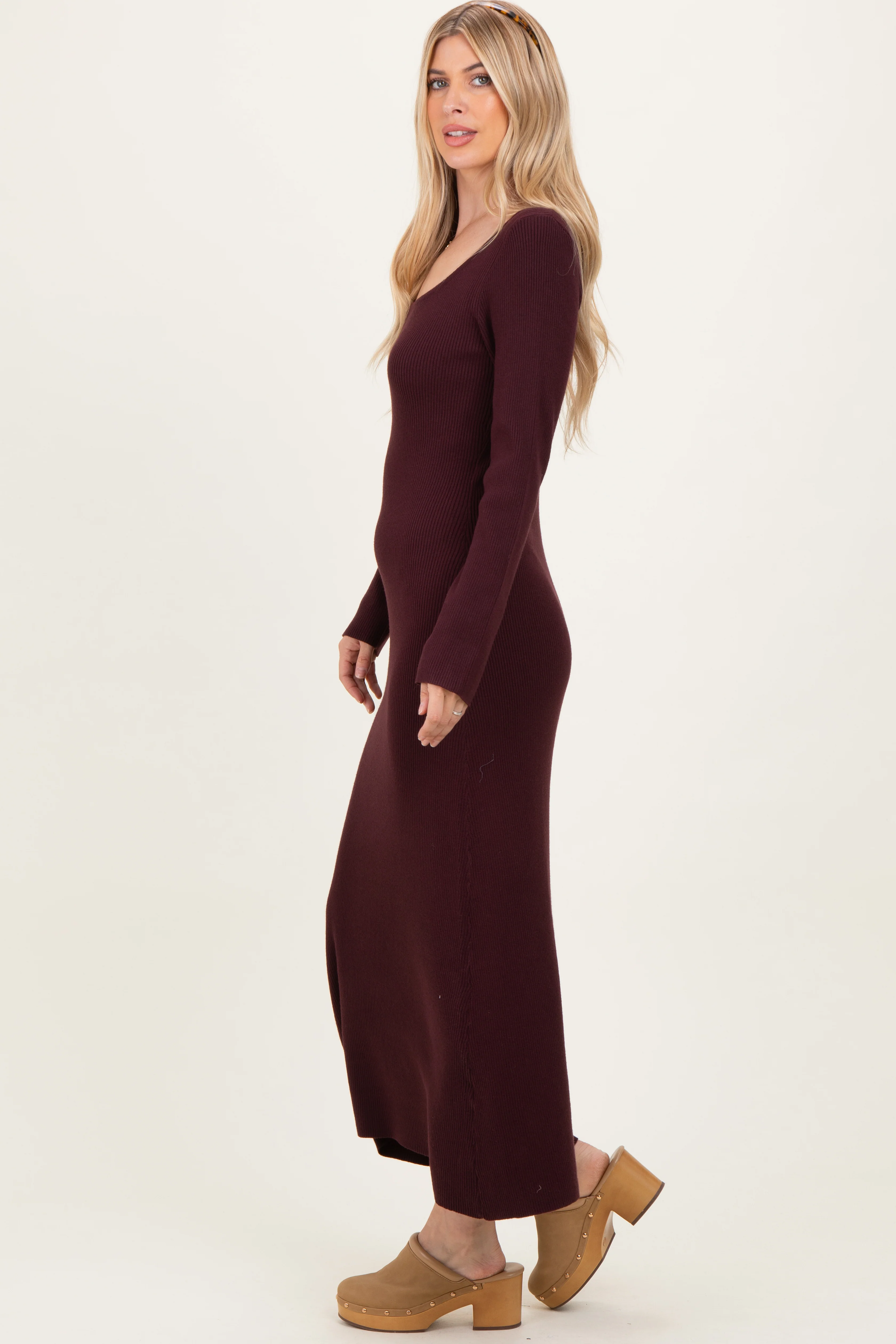 Plum Rib Knit Back Cutout Midi Dress - Image 3