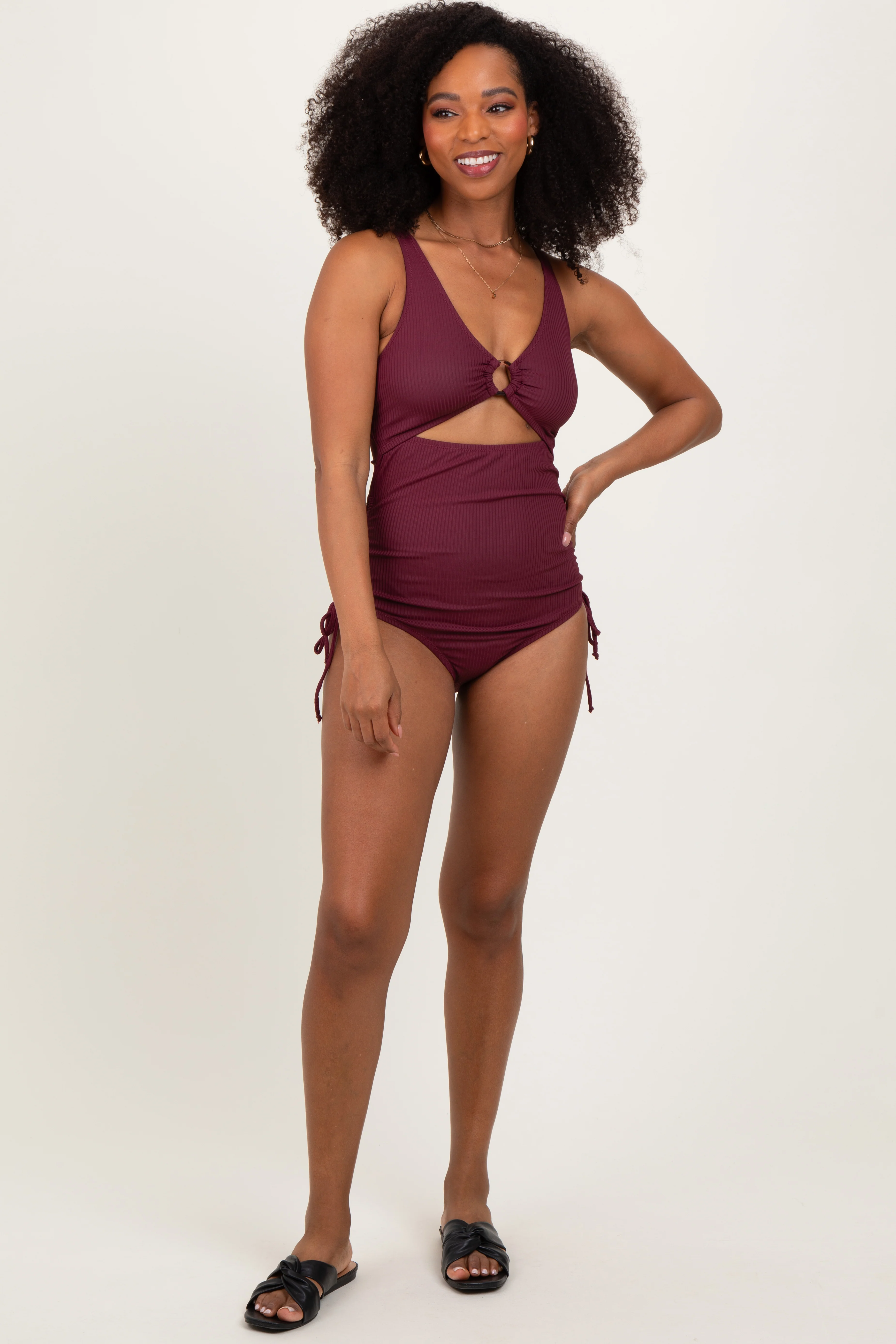Plum Ribbed O-Ring Cutout Tie Side Swimsuit - Image 2