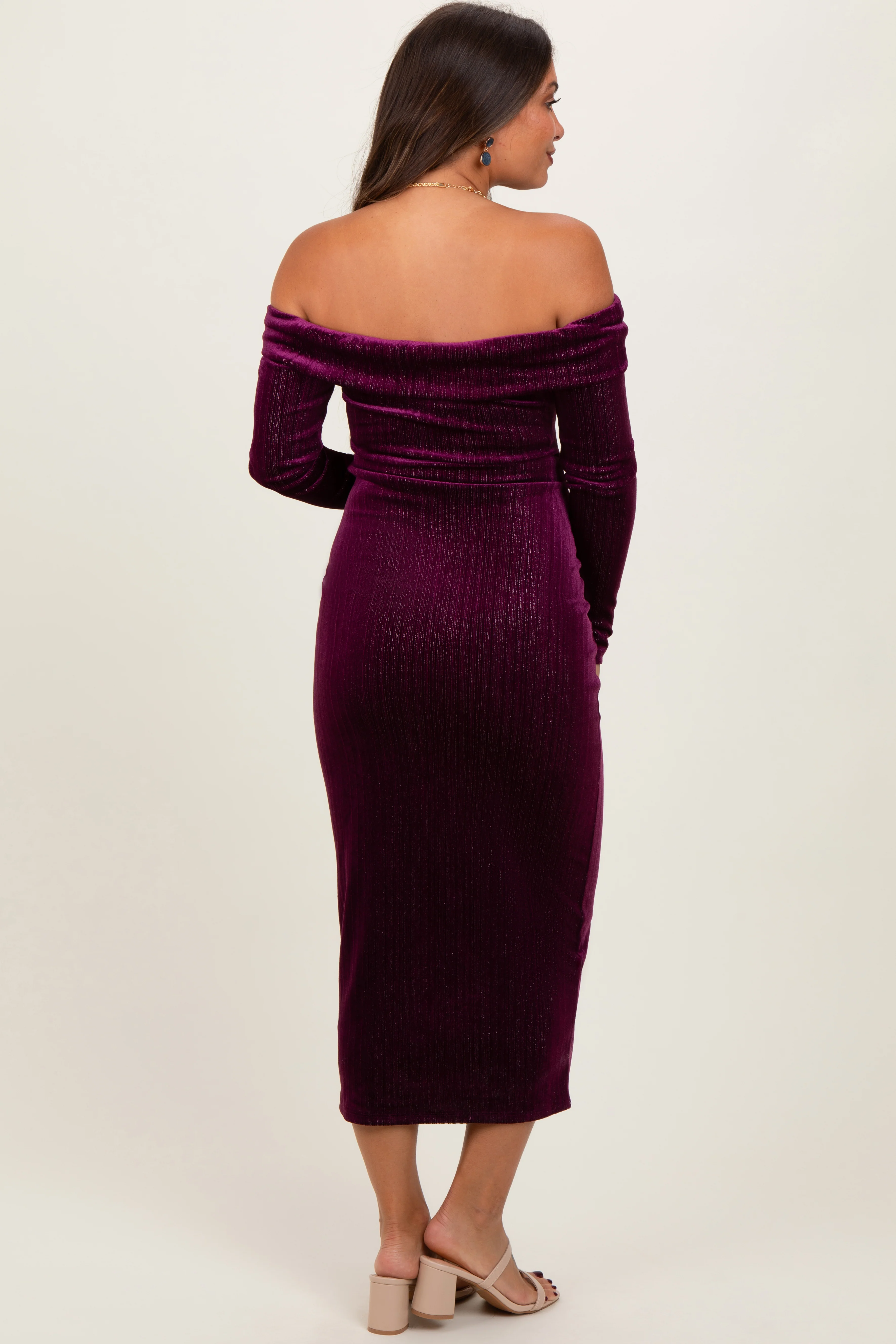 Plum Shiny Velour Off Shoulder Maternity Midi Dress - Image 3