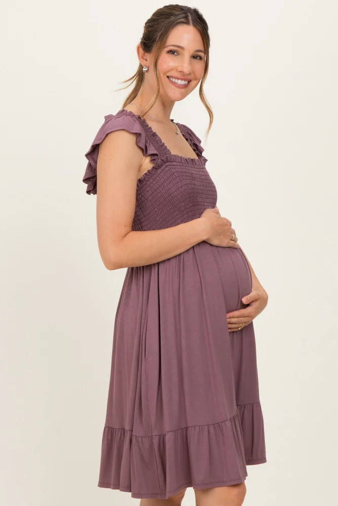 Plum Smocked Tiered Maternity Mini Dress - Image 3
