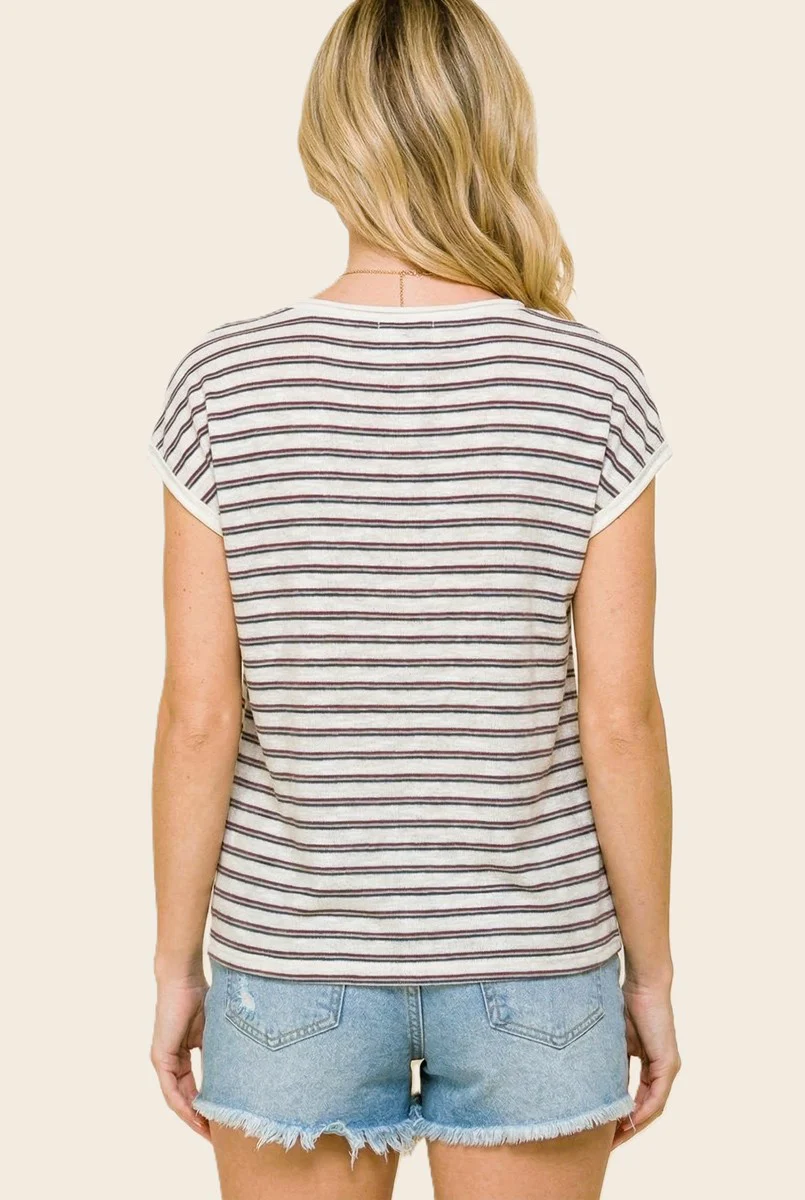 Plum Split Neck Striped Knit Top - Image 3