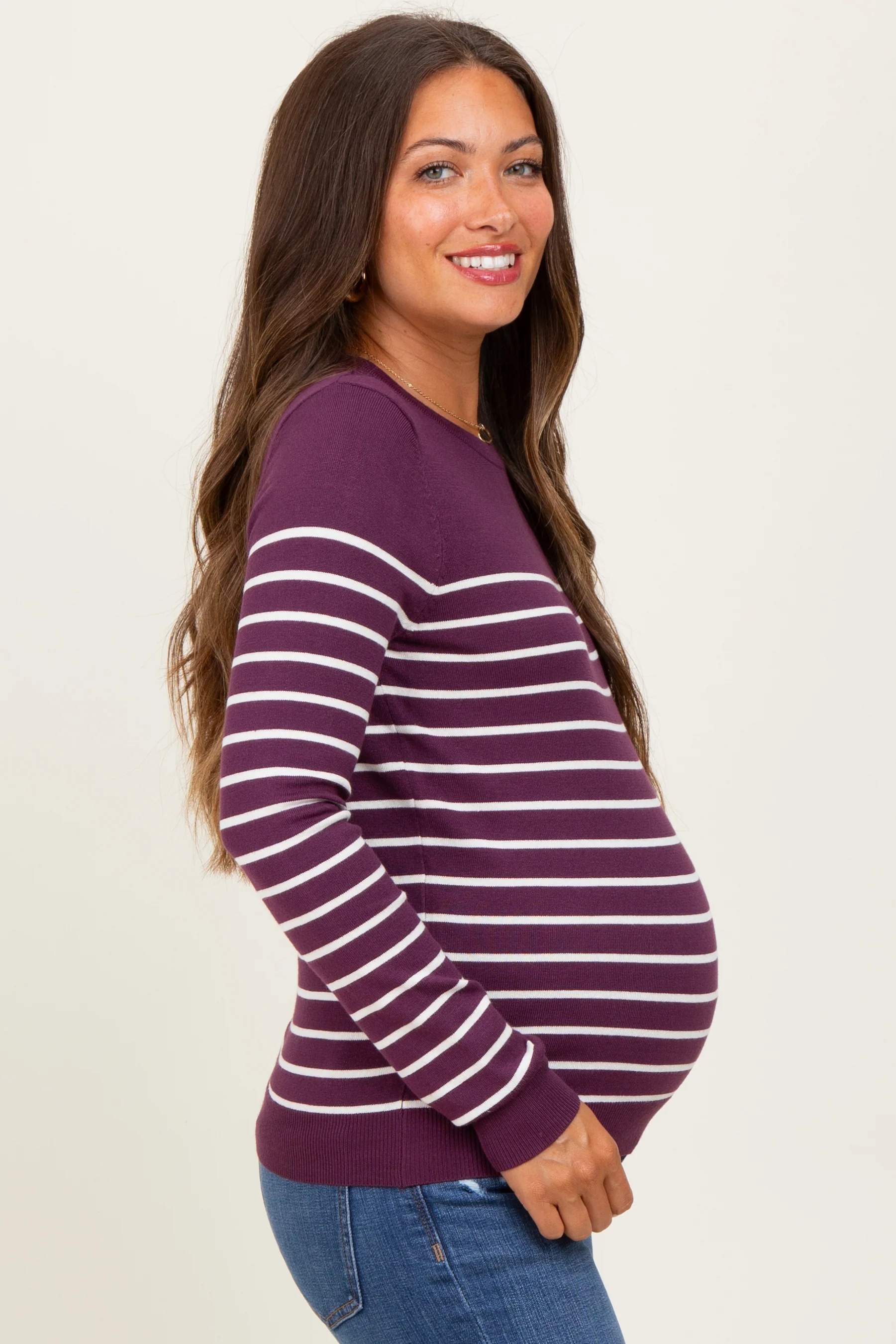 Plum Striped Knit Maternity Long Sleeve Top - Image 3
