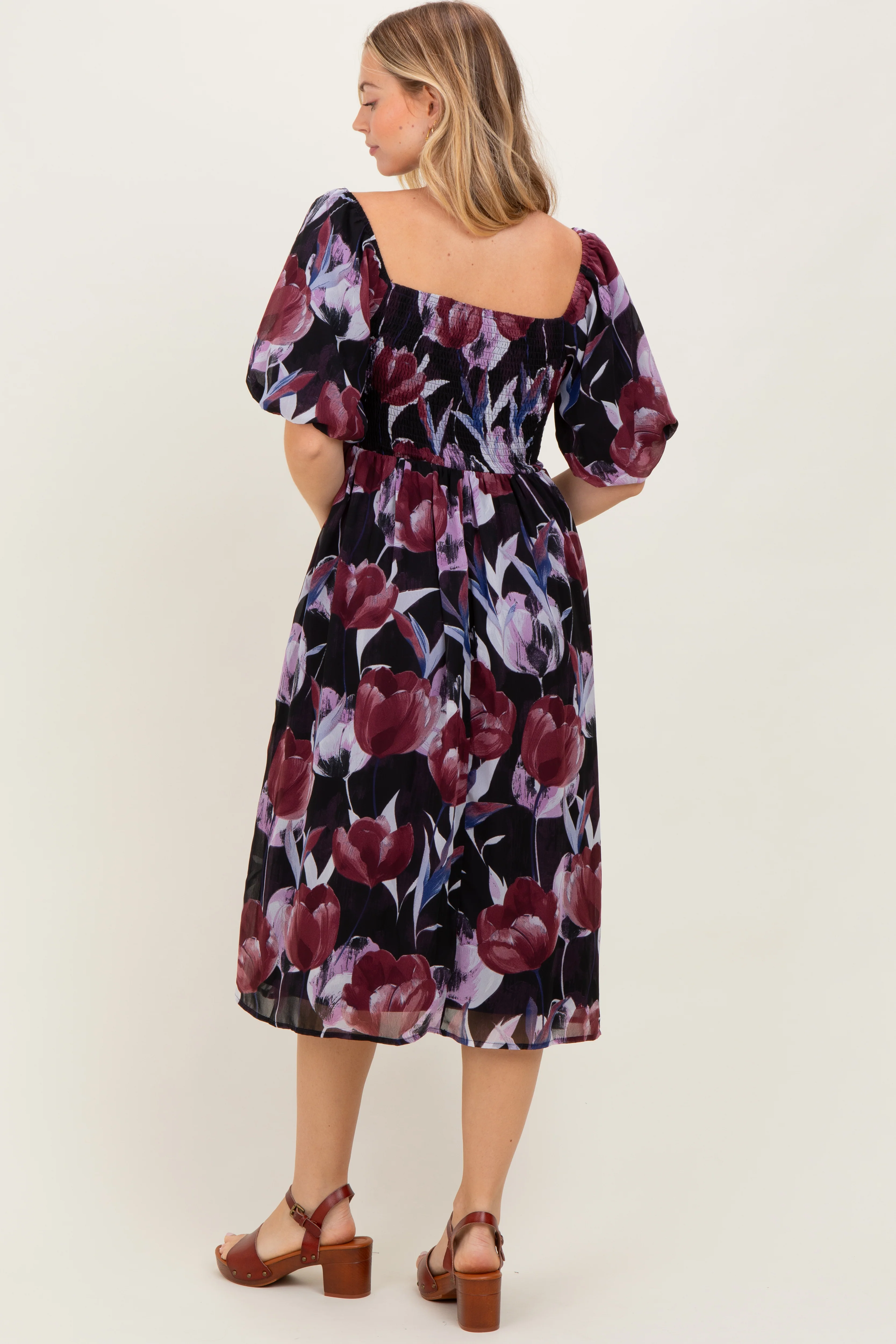 Plum Tulip Floral Smocked Puff Sleeve Midi Dress - Image 3