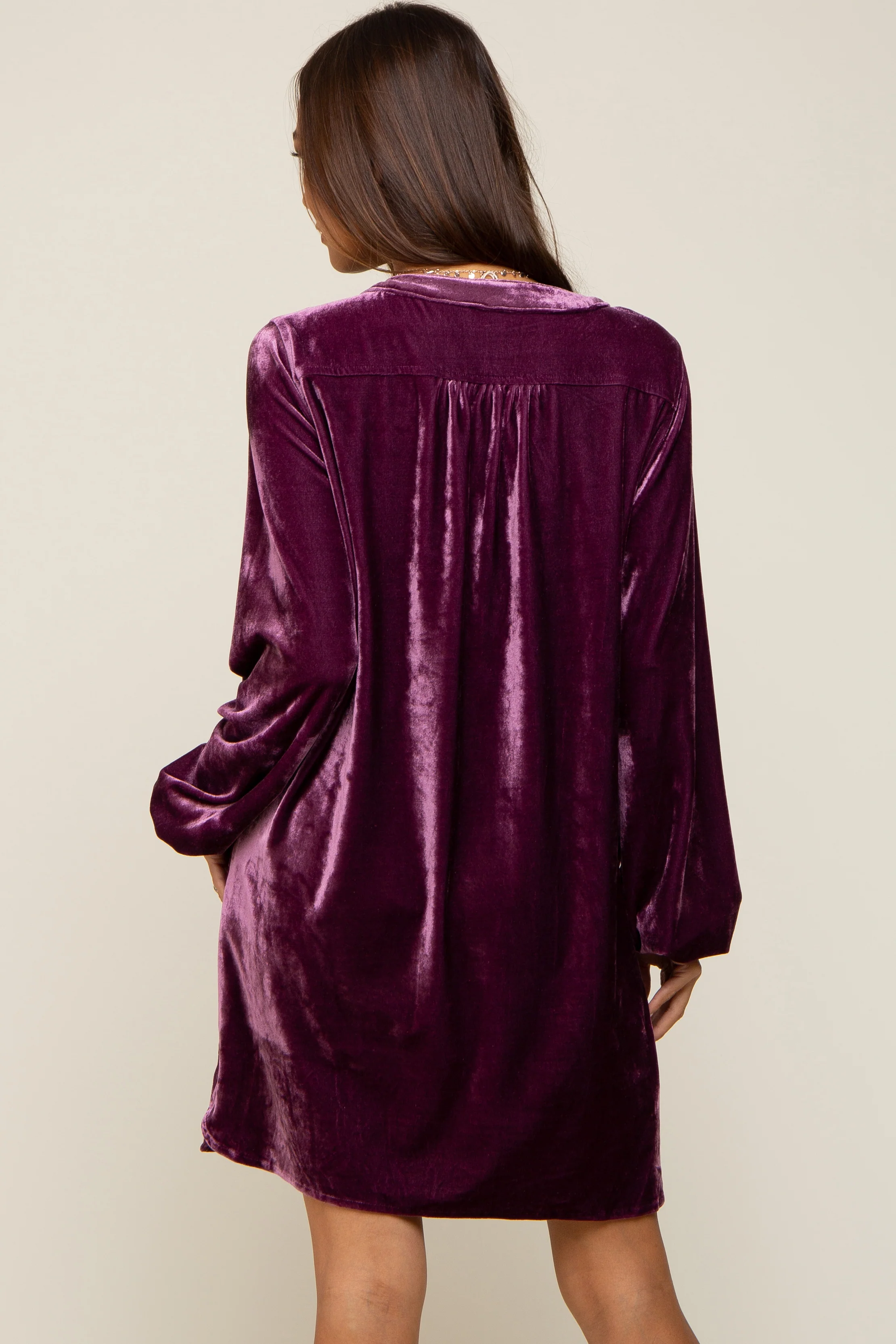 Plum V-Neck Velvet Maternity Dress - Image 3