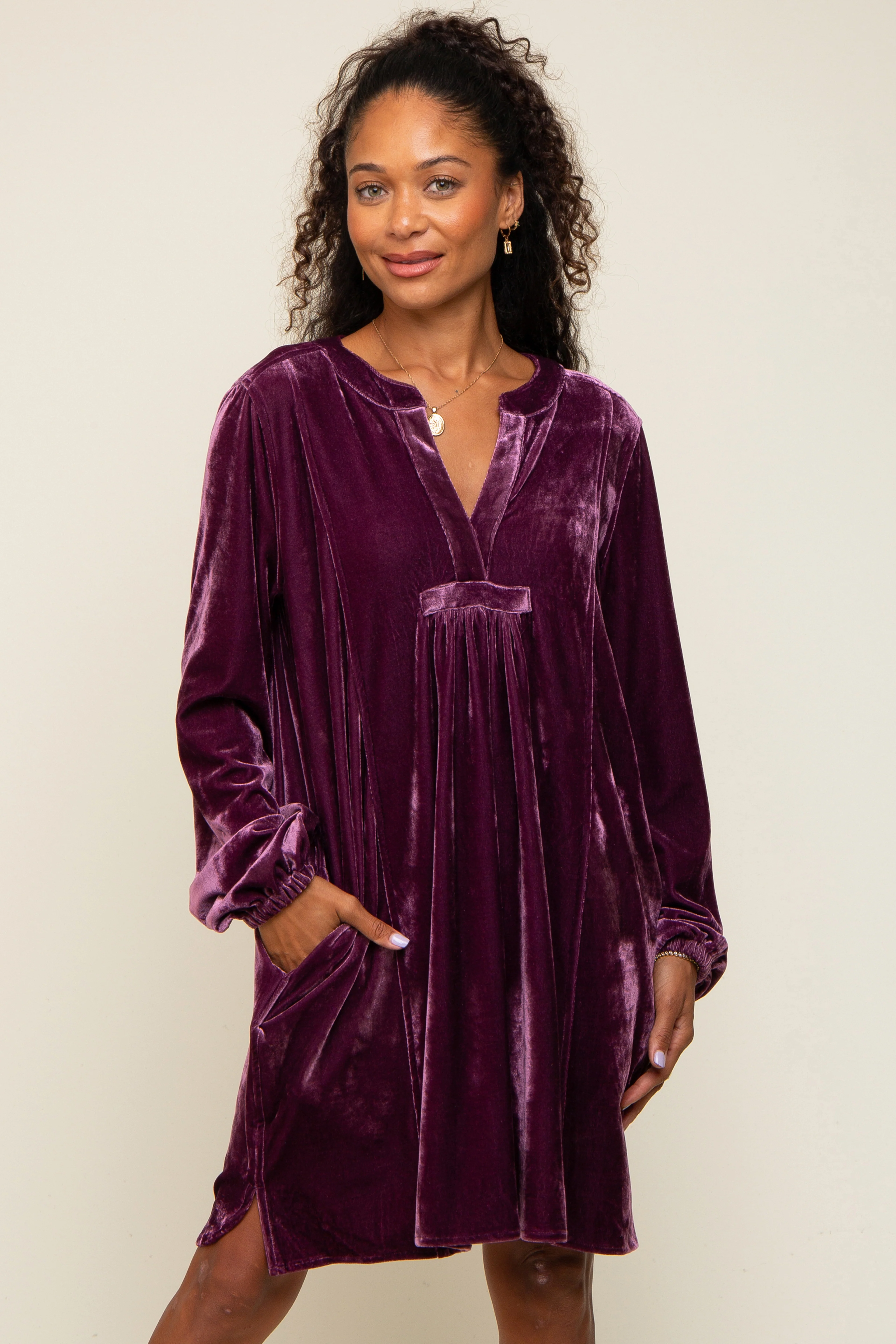 Plum V-Neck Velvet Maternity Dress - Image 6