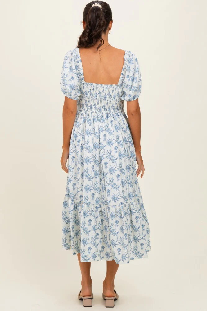 Porcelain Blue Floral Smocked Puff Sleeve Midi Dress - Image 3