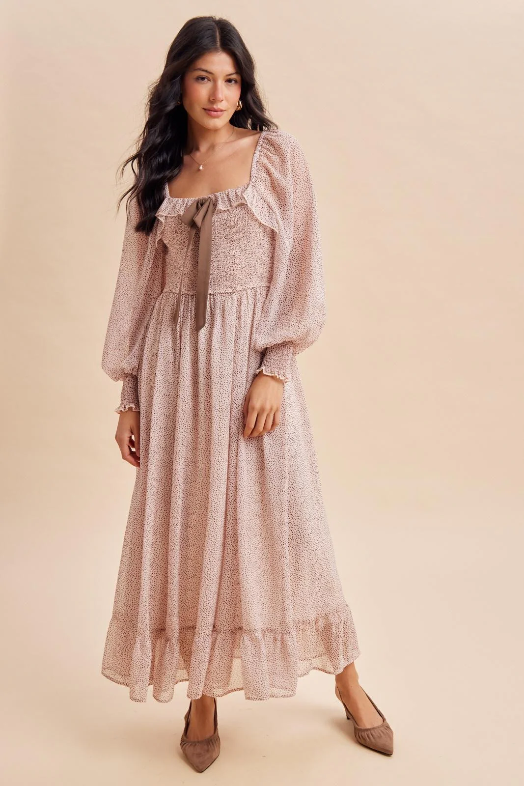 Primrose Brown Dot Smocked Ribbon Tie Ruffle Maxi Dress