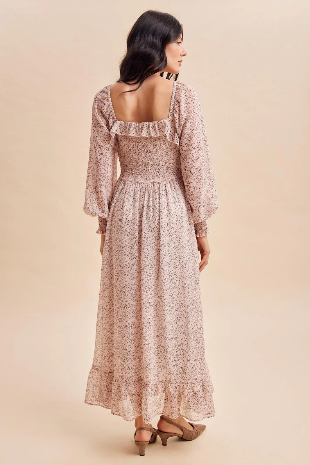 Primrose Brown Dot Smocked Ribbon Tie Ruffle Maxi Dress - Image 4