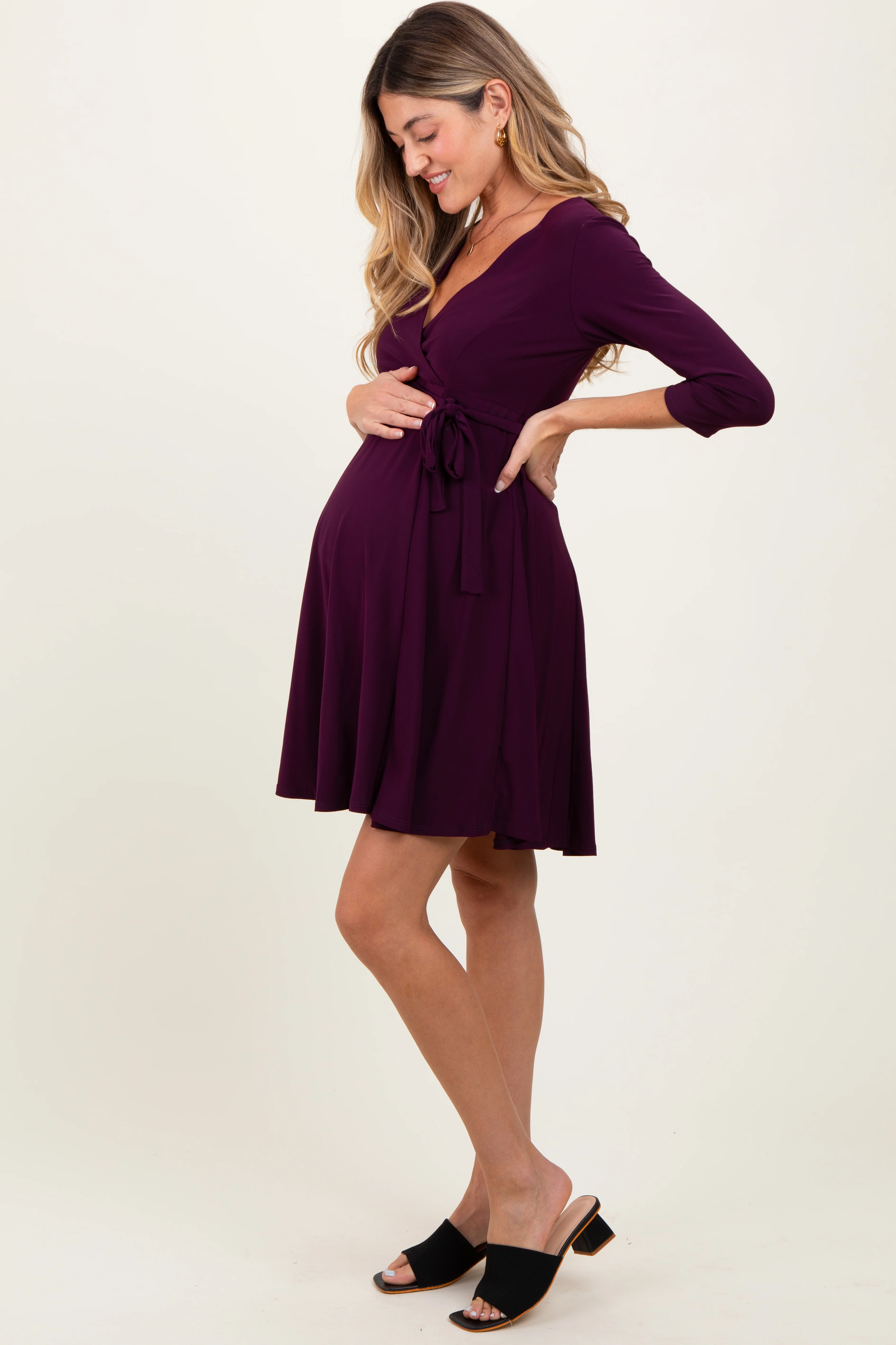 Purple 3/4 Sleeve Maternity/Nursing Sash Tie Wrap Dress - Image 3