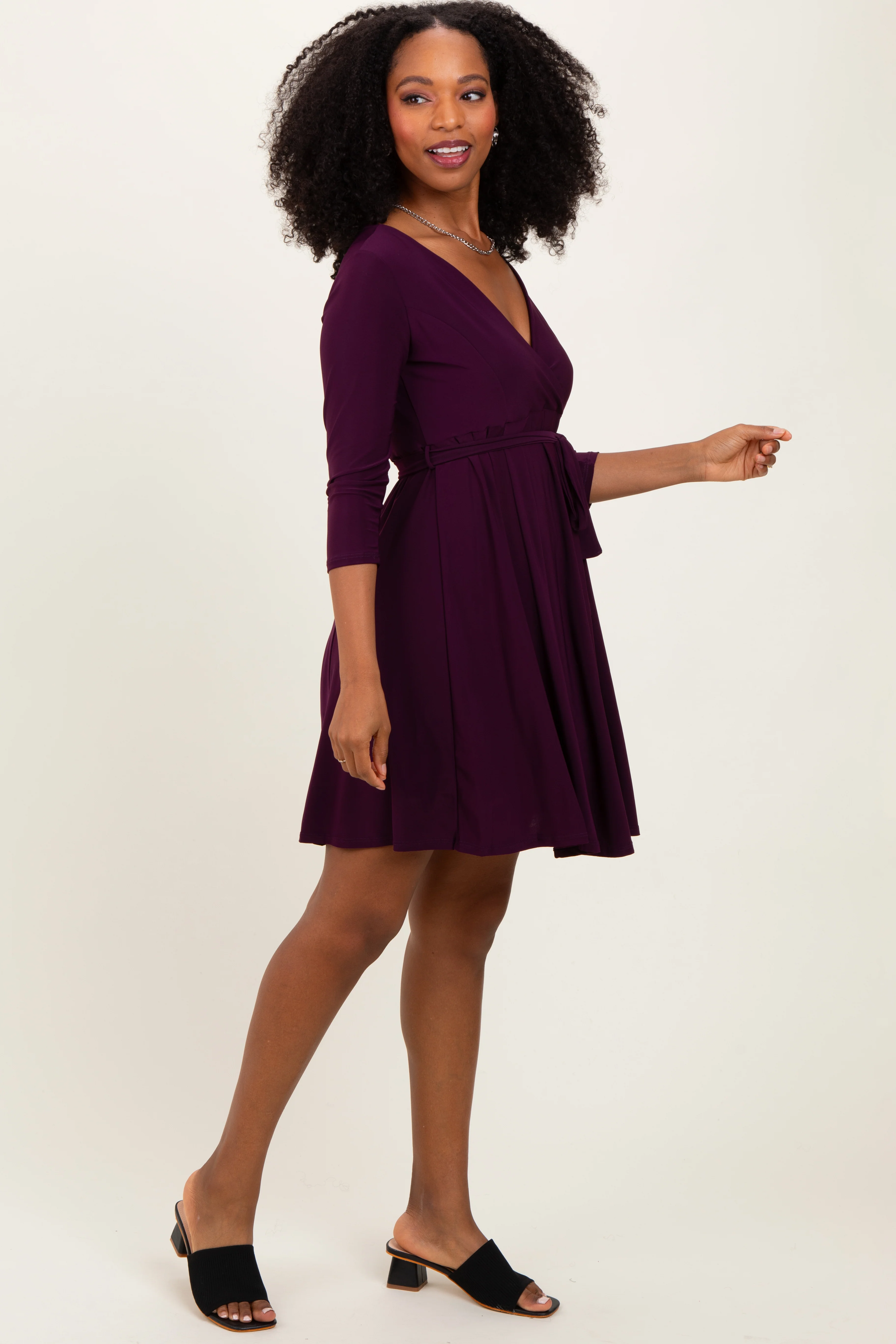 Purple 3/4 Sleeve Nursing Sash Tie Wrap Dress - Image 3