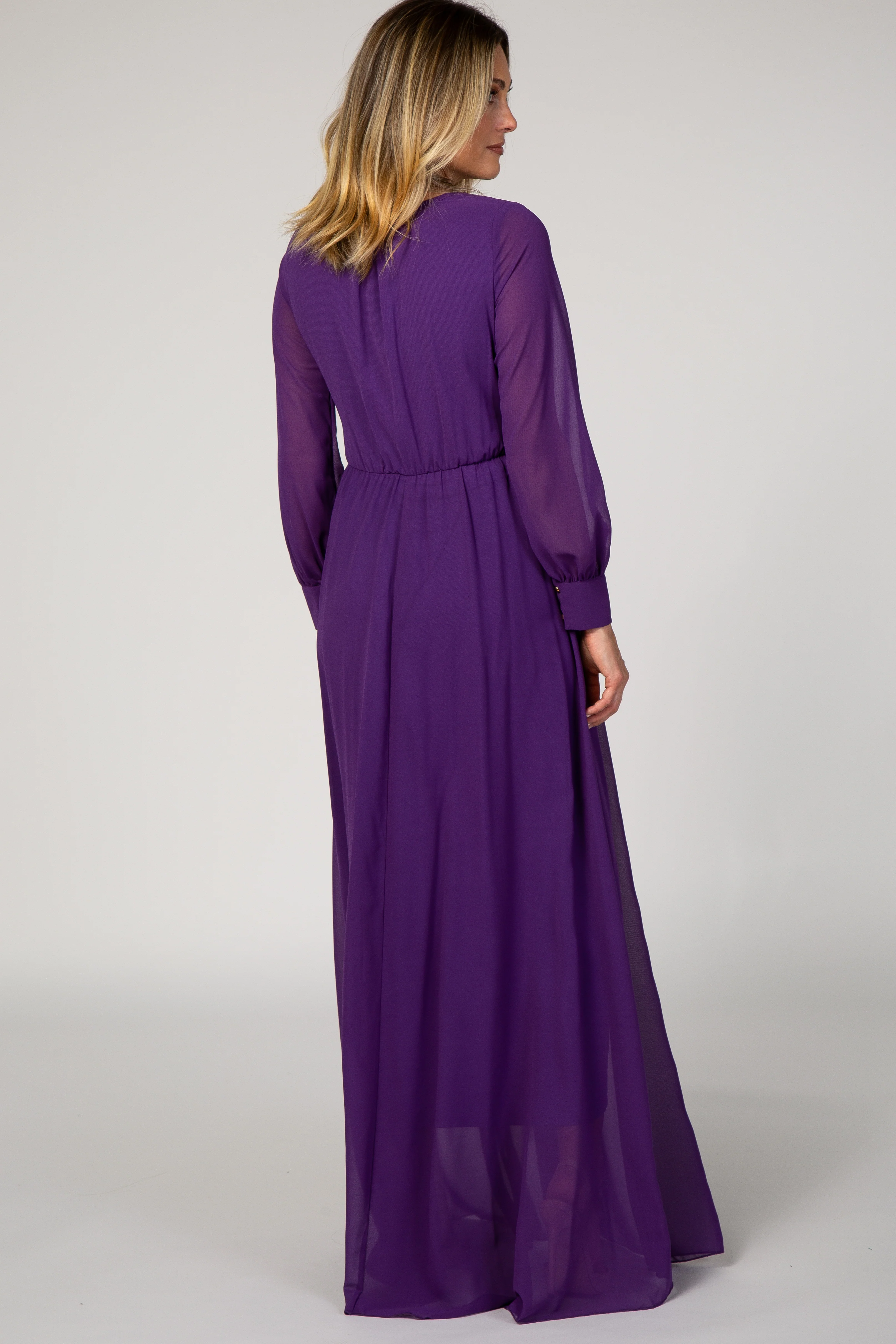 Purple Chiffon Long Sleeve Pleated Maxi Dress - Image 3