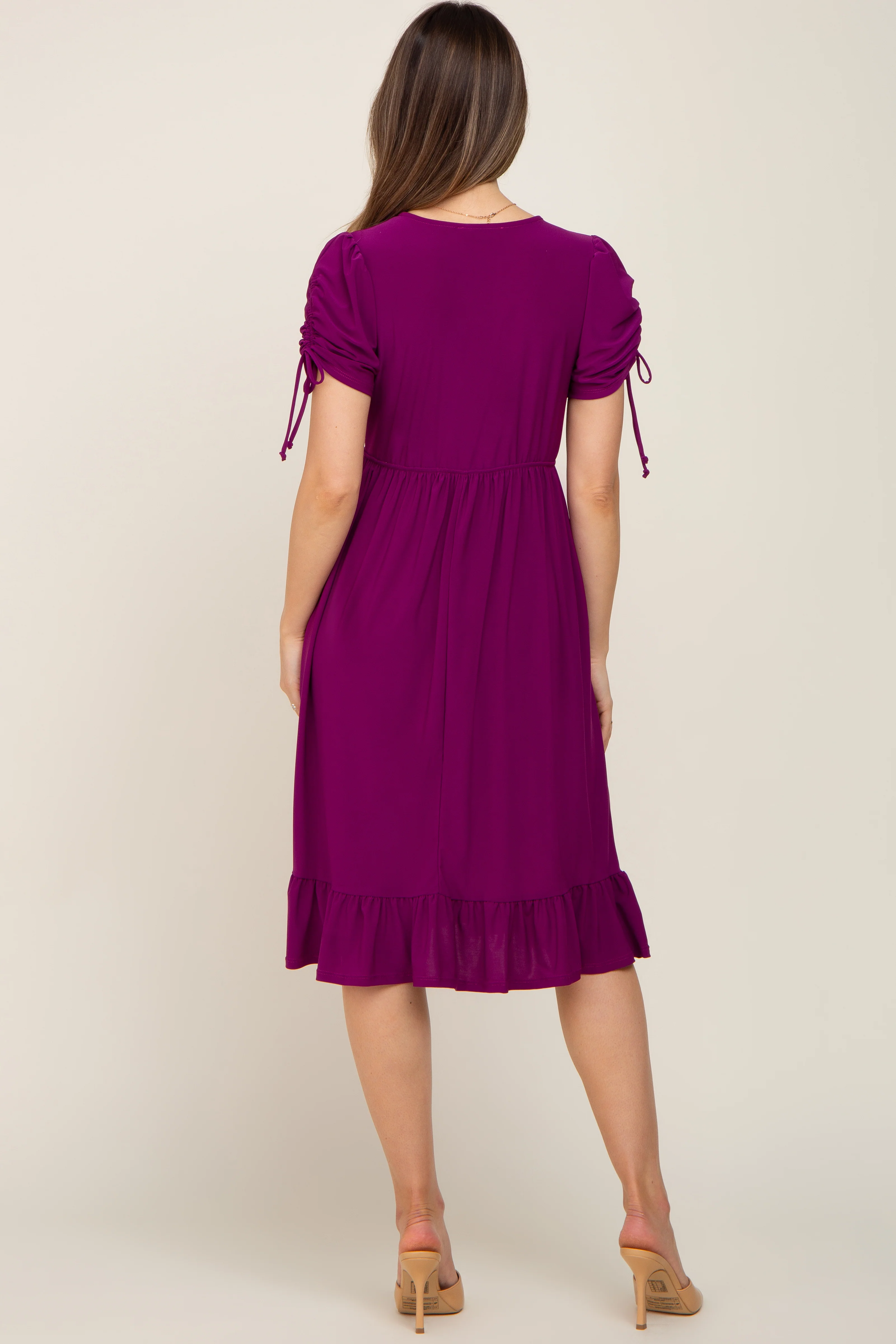 Purple Cinched Sleeve Maternity Midi Dress - Image 3