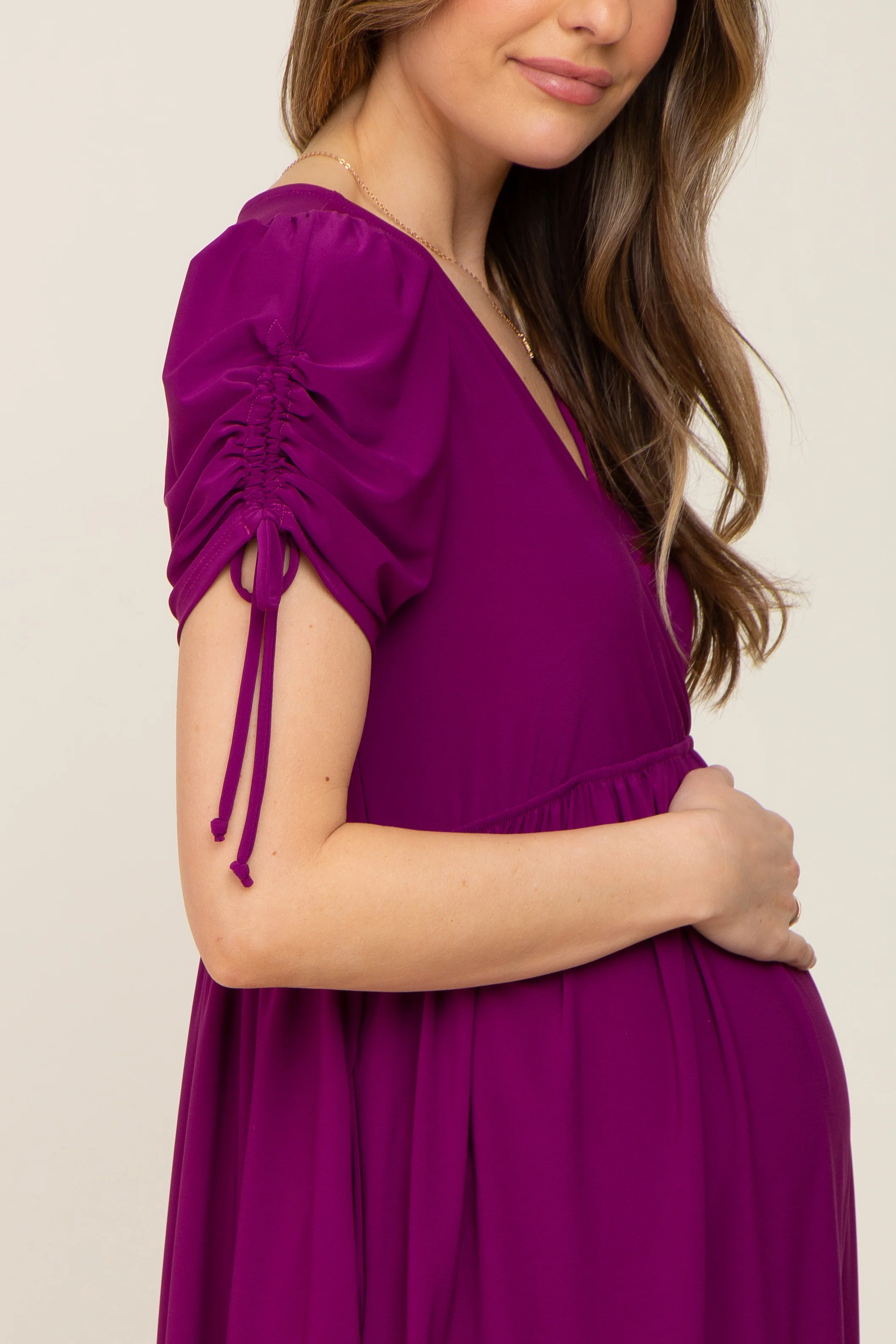 Purple Cinched Sleeve Maternity Midi Dress - Image 4