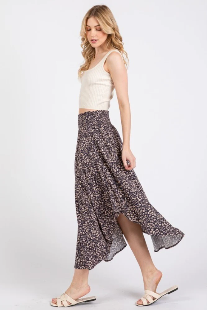 Purple Floral Smocked Waistband Round Hem Skirt - Image 3