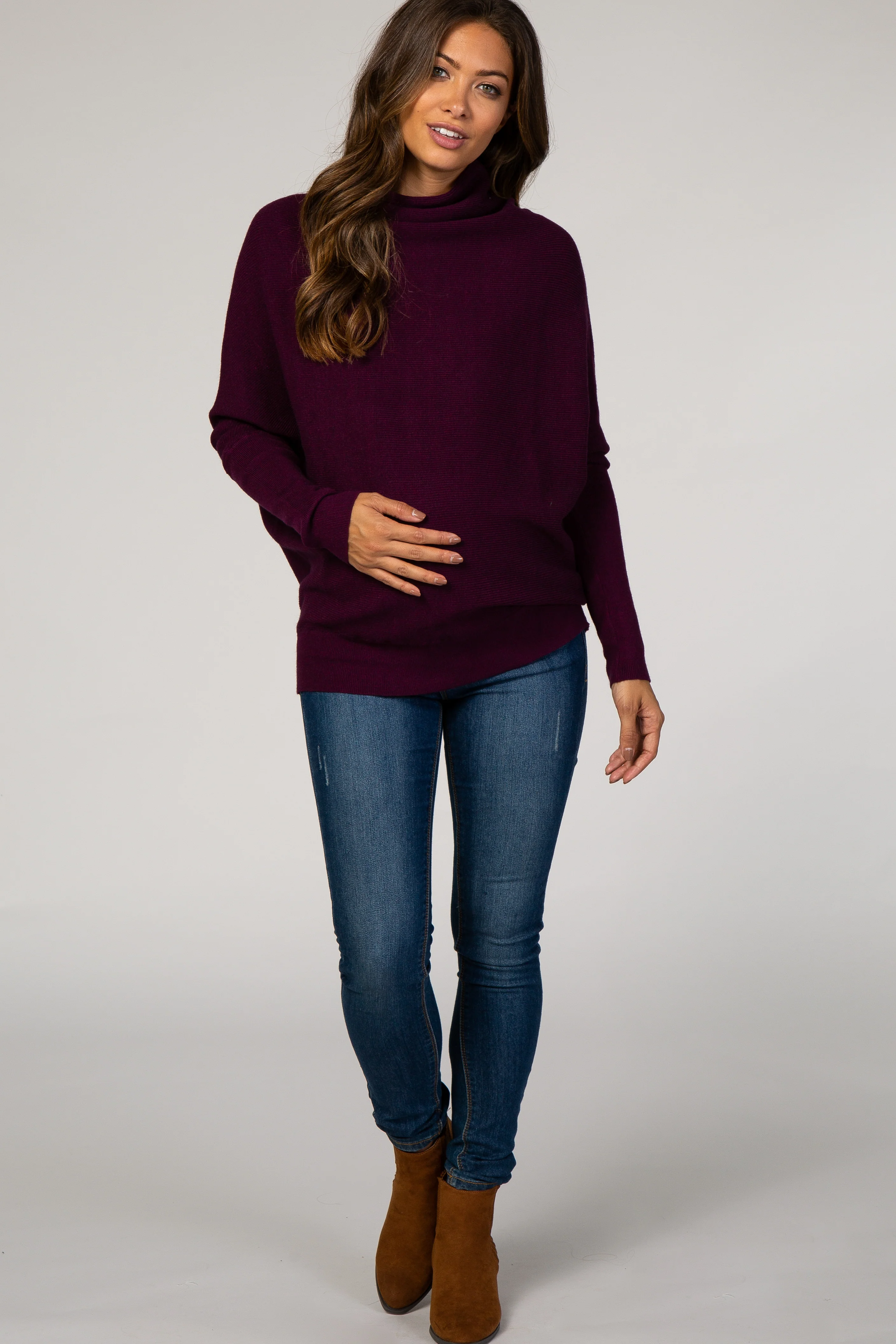 Purple Funnel Neck Dolman Sleeve Maternity Sweater - Image 4