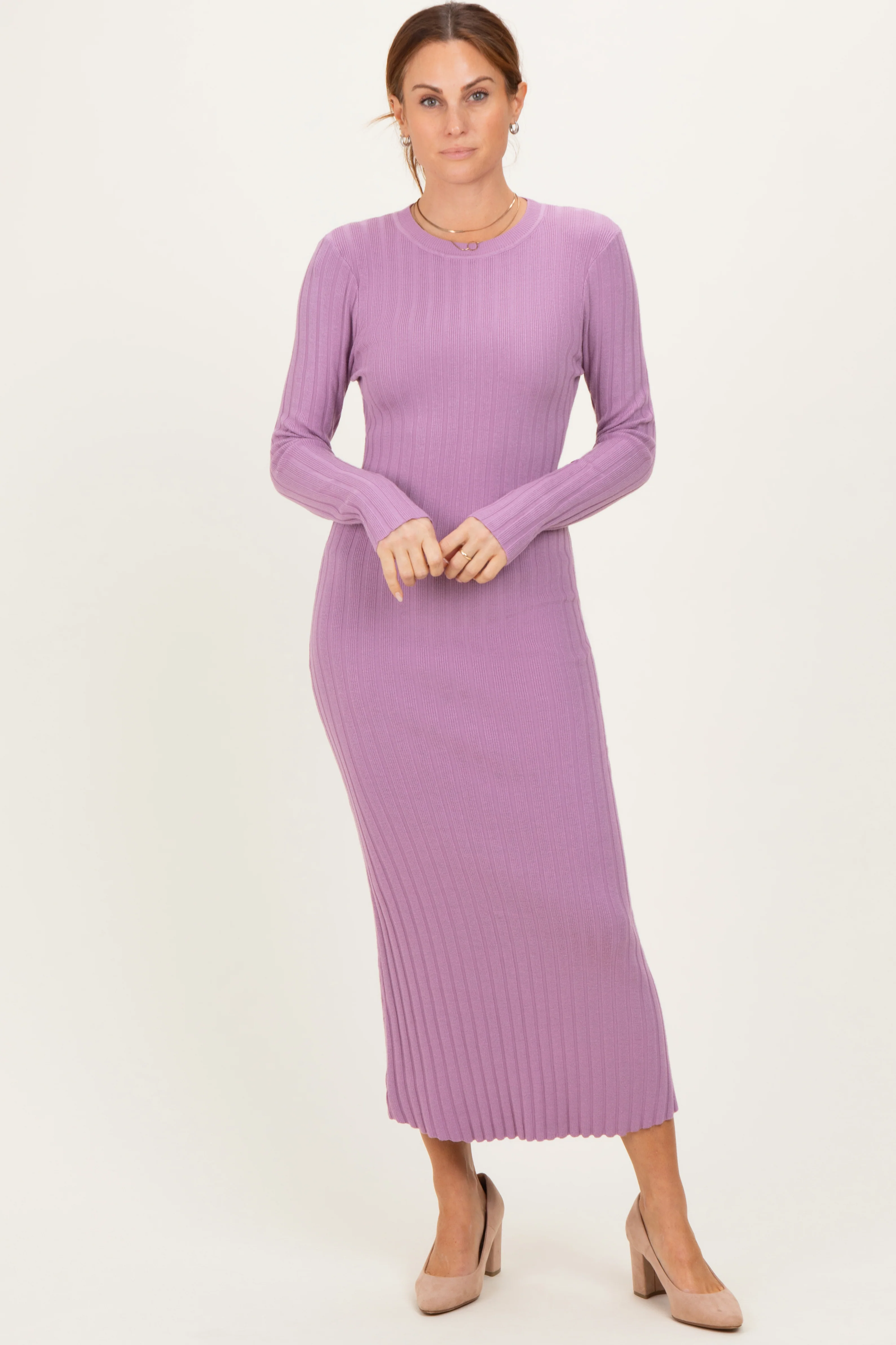 Purple Ribbed Knit Fitted Maternity Midi Sweater Dress - Image 5